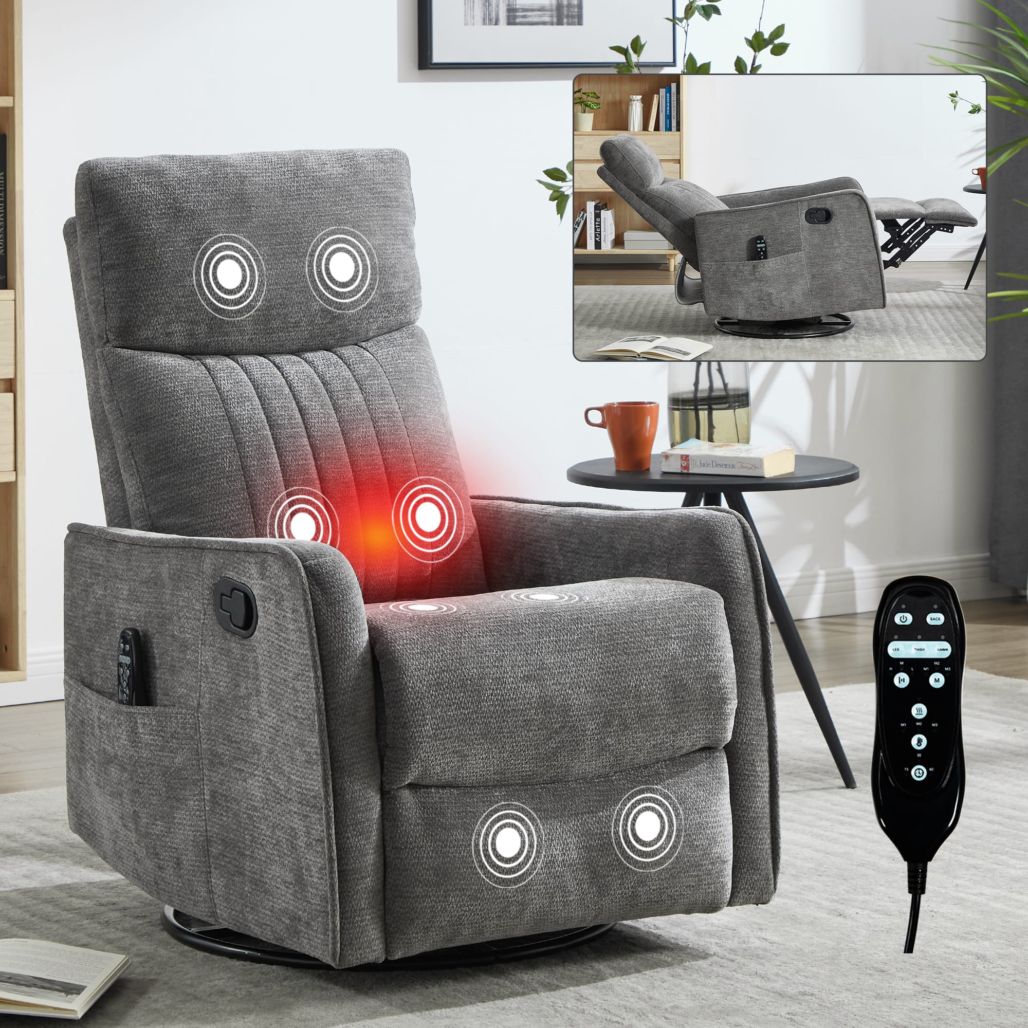 PexFix - Heat Massage Manual Recliner Chair with Rocker and Swivel in Chenille for Living Room - Dark Gray
