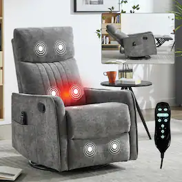 PexFix - Heat Massage Manual Recliner Chair with Rocker and Swivel in Chenille for Living Room - Dark Gray
