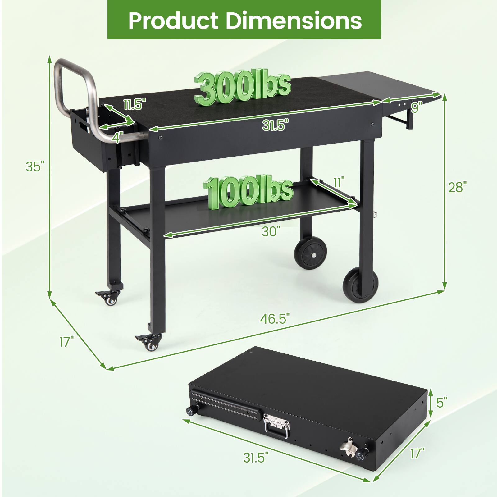 Product Dimensions: 11.5" x 4" x 300lbs, 31.5" x 9" x 35" x 100lbs, 30" x 11" x 28" x 17" x 46.5" x 5" x 31.5" x 17"