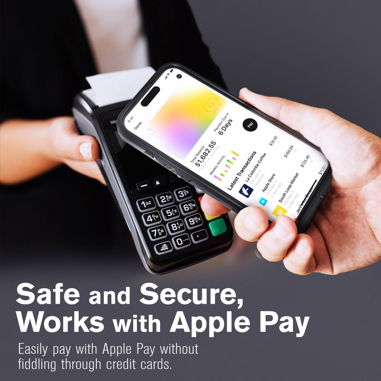Sure, here is the corrected and grouped text:

---

**Safe and Secure, Works with Apple Pay**

Easily pay with Apple Pay without fiddling through credit cards.

---

**Payment Details:**

- **Total Balance:** $1,682.55
- **Available Balance:** $168.94
- **Total:** $1,682.55

**Transactions:**

- **Coffee:** $135.46
- **La Colombe Chicago, Loop:** $11.60
- **South Loop Market:** $11.60

**Latest Transactions:**

- **La Colombe Chicago, Loop:** $11.60
- **South Loop Market:** $11.60

**Payment Method:** Apple Pay

**Payment Date:** 6 Days Ago

**Amount:** $18.50

**Total:** $1,682.55

**Store:** La Colombe Chicago, Loop

**Date:** 2023-09-20

**Time:** 10:41

**Payment Status:** Done

---

**Note:** The text has been grouped and corrected
