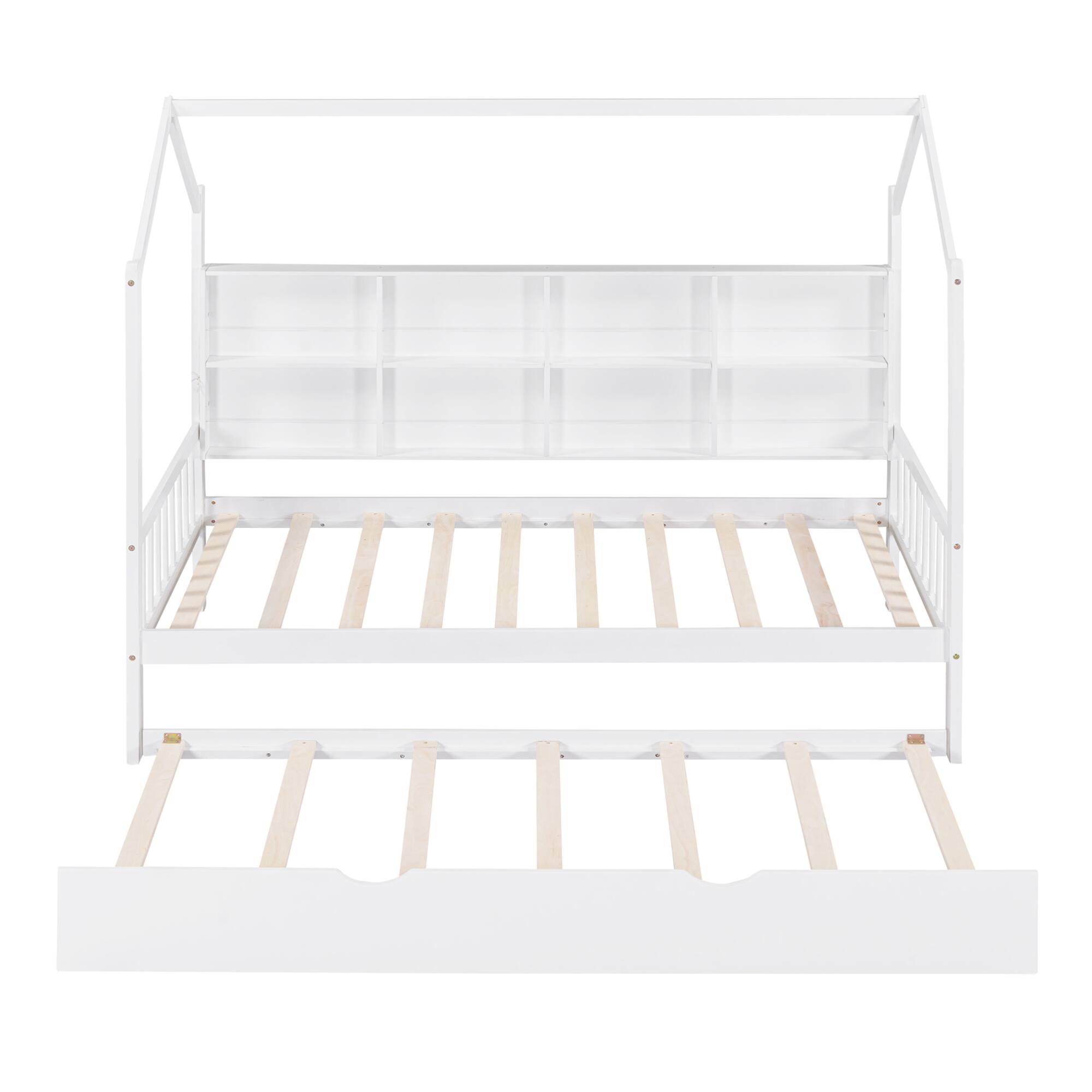 Alt View 9. GOODSILO - Wooden Twin Size Playhouse Bed with Trundle and Storage Shelf for Kids, Sturdy and Space-Saving Design - White.