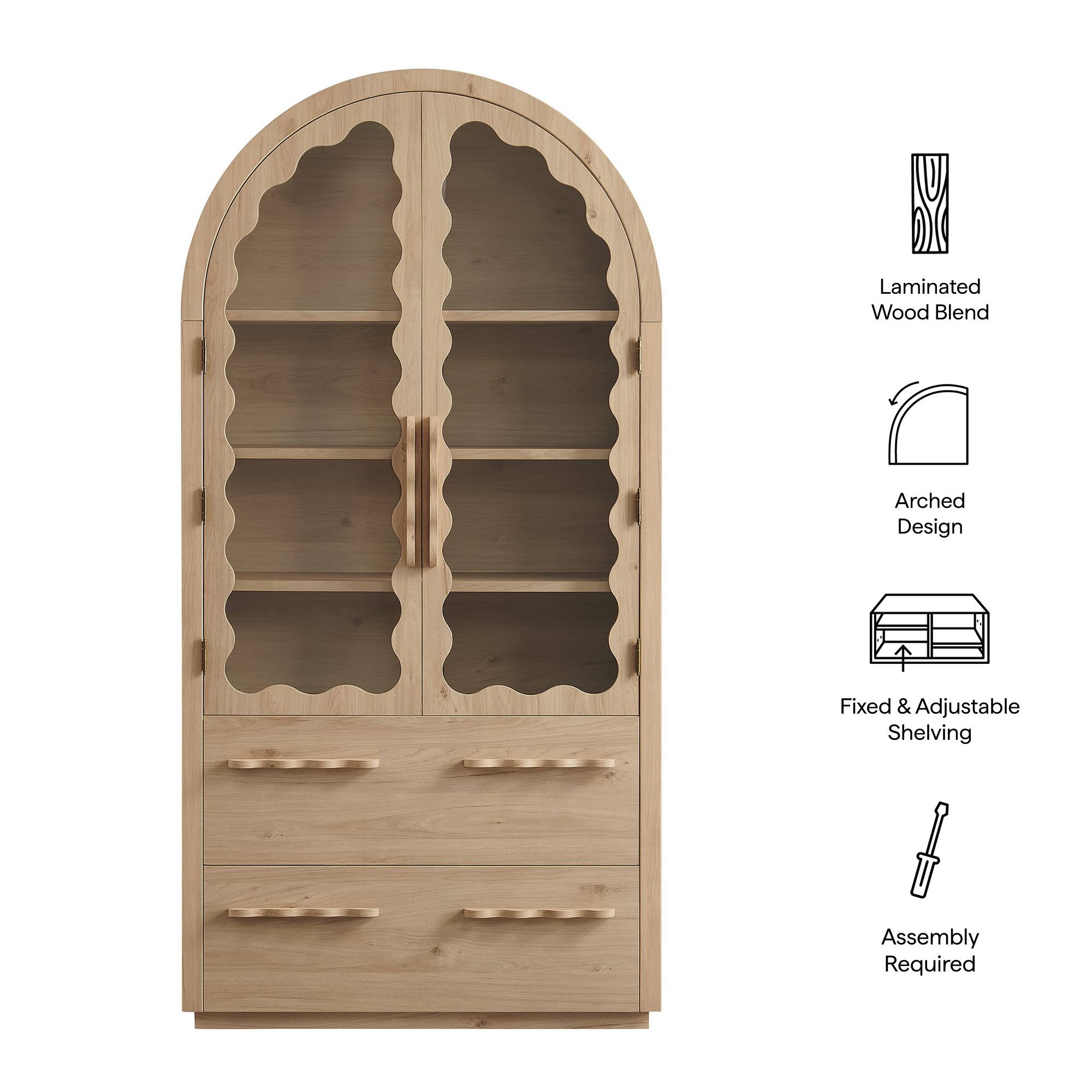 Laminated Wood Blend  
Arched Design  
Fixed & Adjustable Shelving  
Assembly Required