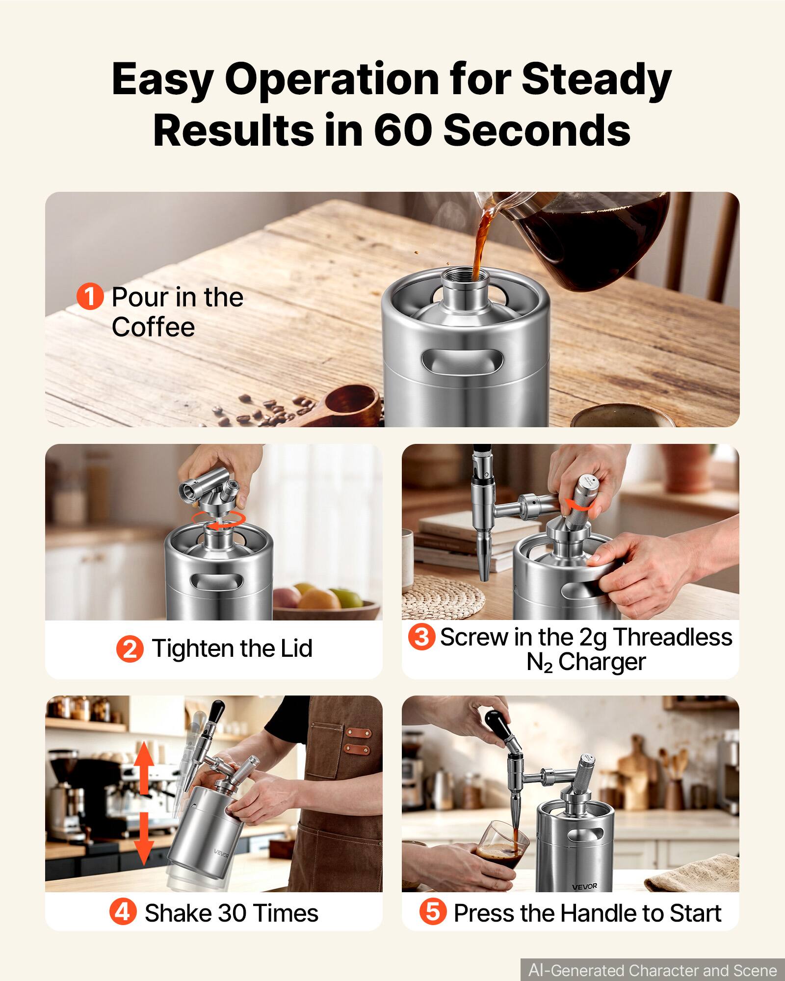 Easy Operation for Steady Results in 60 Seconds

1. Pour in the Coffee
2. Tighten the Lid
3. Screw in the 2g Threadless N2 Charger
4. Shake 30 Times
5. Press the Handle to Start

AI-Generated Character and Scene