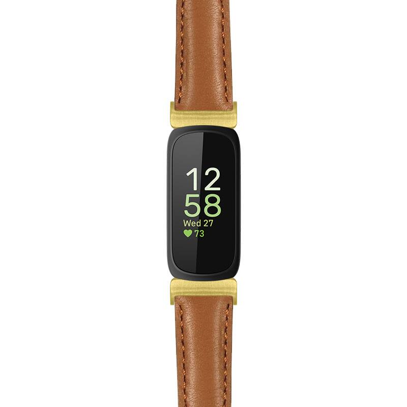 Front. StrapsCo - Everyday Leather Watch Band Strap For Fitbit Inspire 3 (Extra Long) - Tan (Yellow Gold Hardware).