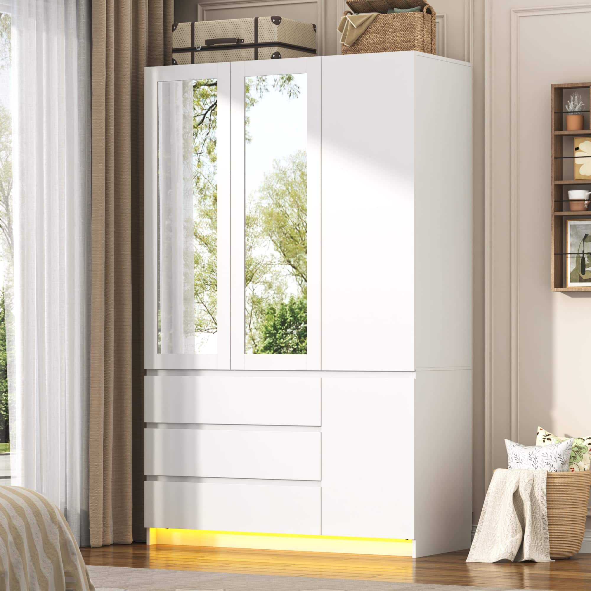 Espafurni - 3 Doors Armoire Wardrobe Closet with 3 Drawers Mirror, Modern Wooden Bedroom Armoires with Hanging Rod Led Lights - White