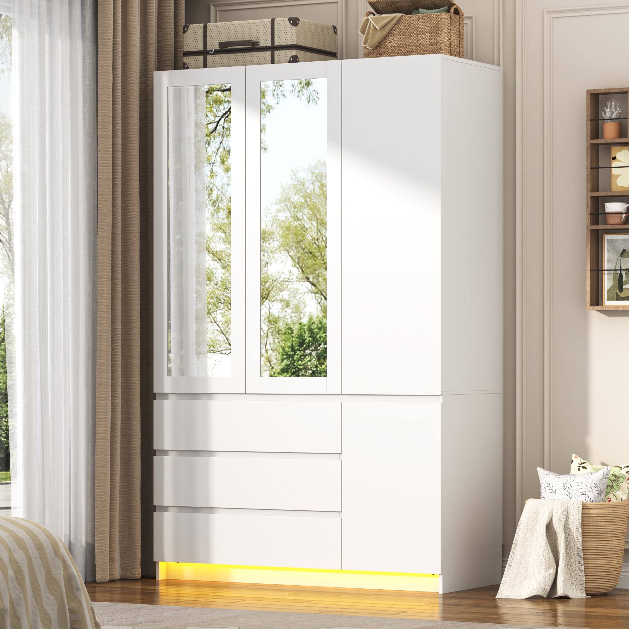 Lent Glitter Wood - 3 Doors Armoire Wardrobe Closet with 3 Drawers Mirror, Modern Wooden Bedroom Armoires with Hanging Rod Led Lights - White