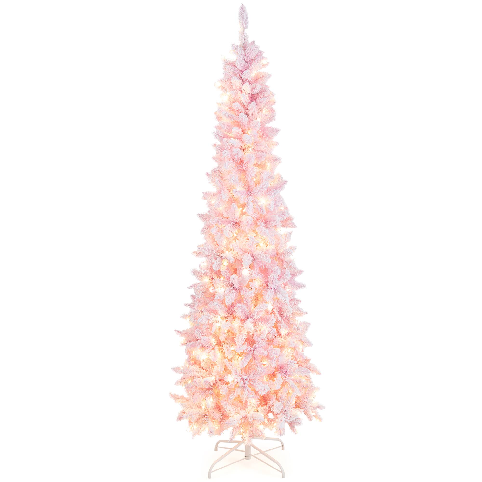 Alt View 8. Gymax - Gymax 7FT Pre-Lit Flocked Christmas Pencil Snow Tree Holiday Decor Tree w/ LED Lights - Pink, White.