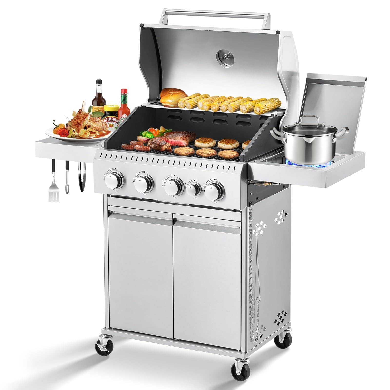 GlowWise - Stainless Steel 4-Burner 44,000 BTU Propane BBQ Grill with Cast Iron Grates & Side Stove for Patio, Camping.