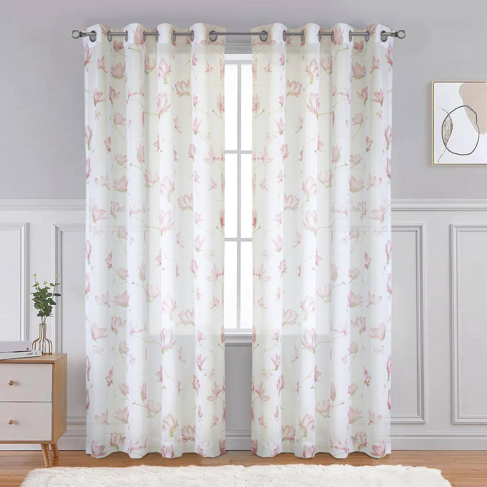 Angle. Commonwealth Home Fashions - Habitat Magnolia Light Filtering Pink Watercolor Floral Print Grommet Curtain Panel 52" x 95" White Pink - White Pink.