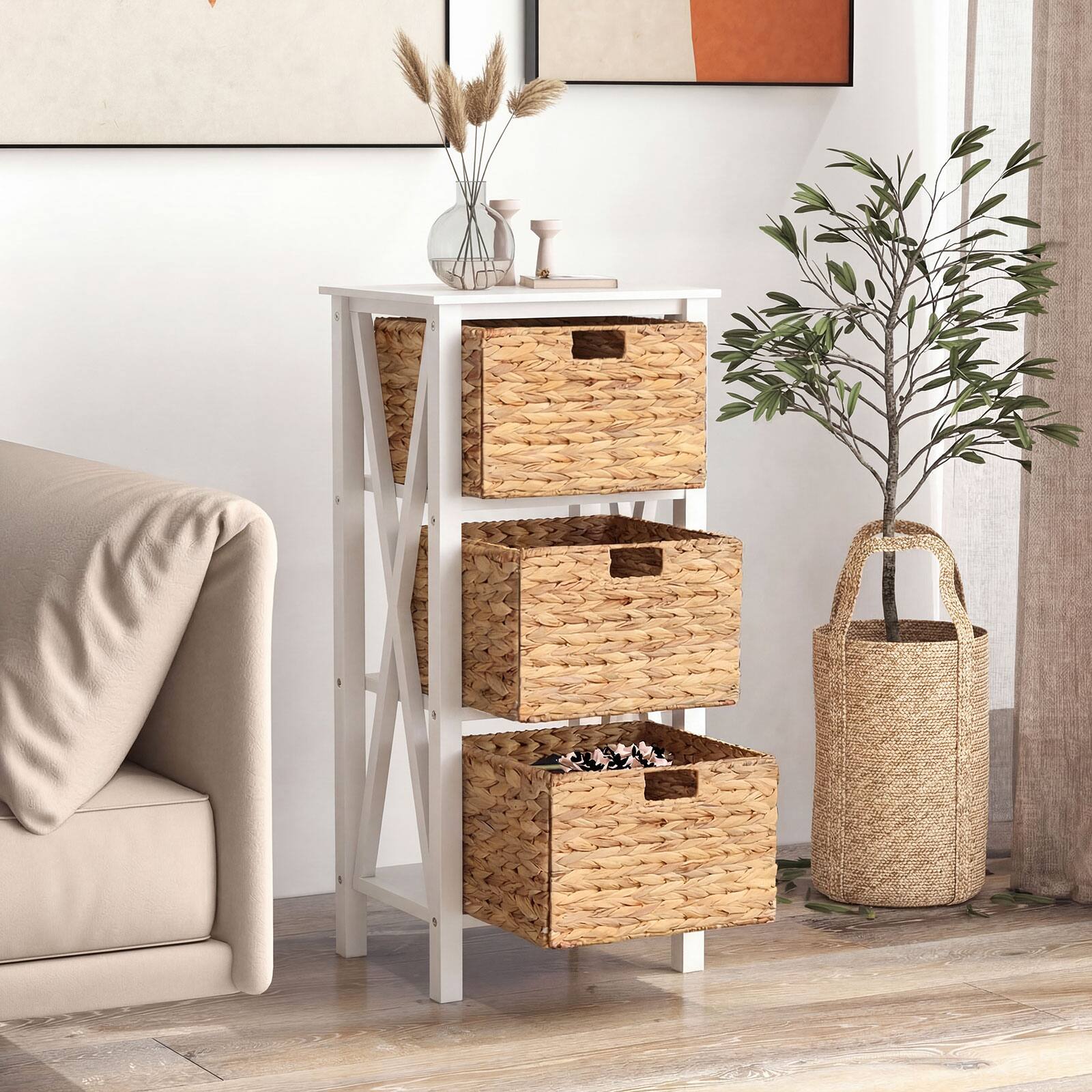 Alt View 1. Costway - Costway 2PCS 4-Tier Nightstand with 3 Seagrass Baskets, Acacia Wood Legs for Living Room - White & Natural.