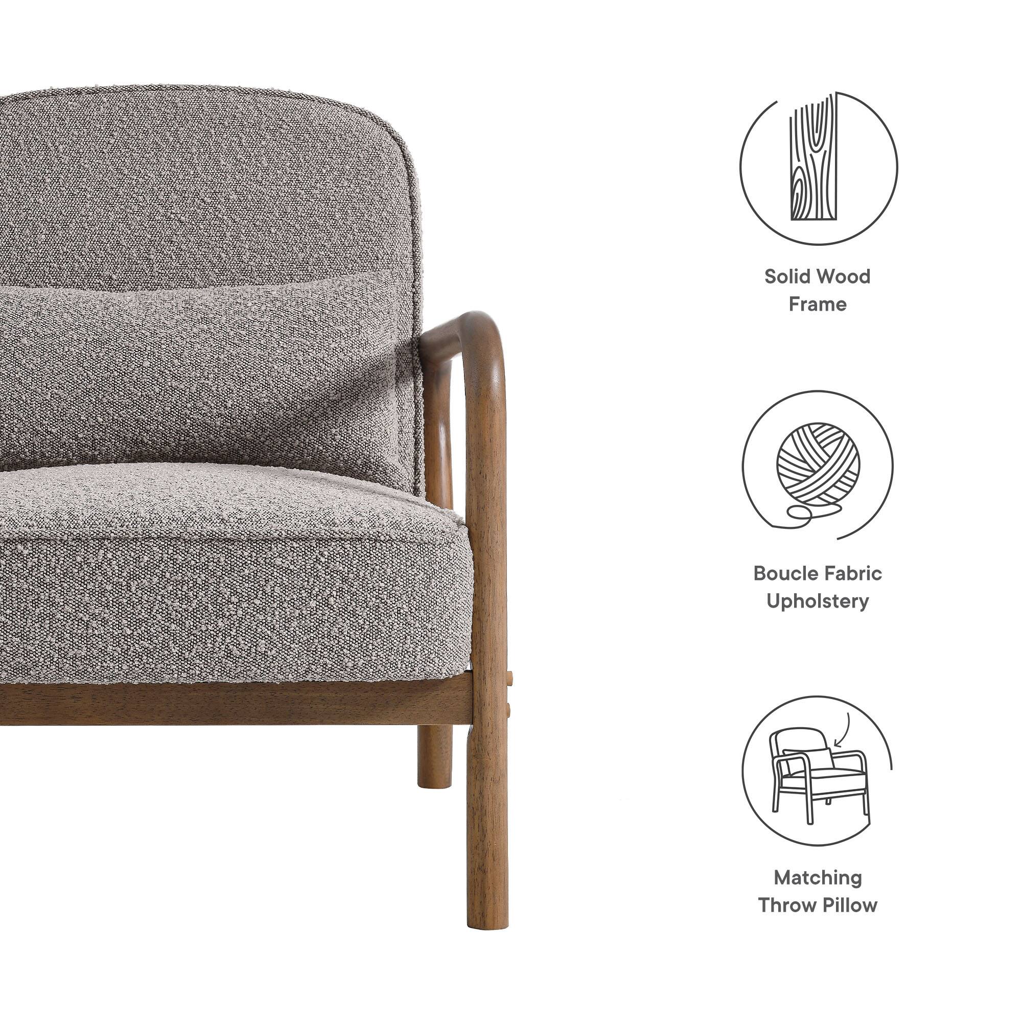 - Solid Wood Frame
- Boucle Fabric Upholstery
- Matching Throw Pillow