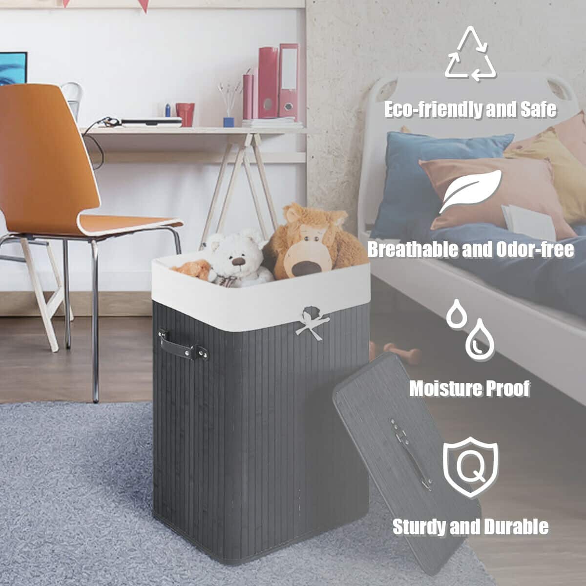 The text on the image is grouped as follows:
1. Eco-friendly and Safe
2. Breathable and Odor-free
3. Moisture Proof
4. Sturdy and Durable