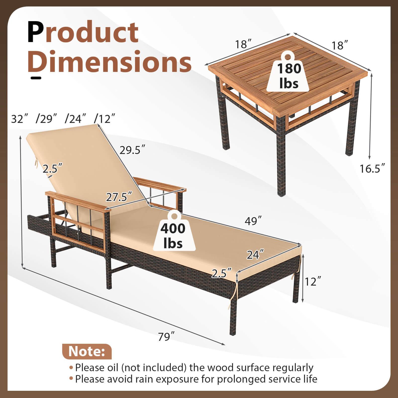 Product 18"  
Dimensions  
18" x 18" x 32" / 29" / 24" / 12"  
2.5" x 29.5" x 16.5" x 27.5" x 400 lbs  
2.5" x 49" x 24" x 12" x 79"  

Note:  
- Please oil (not included) the wood surface regularly  
- Please avoid rain exposure for prolonged service life
