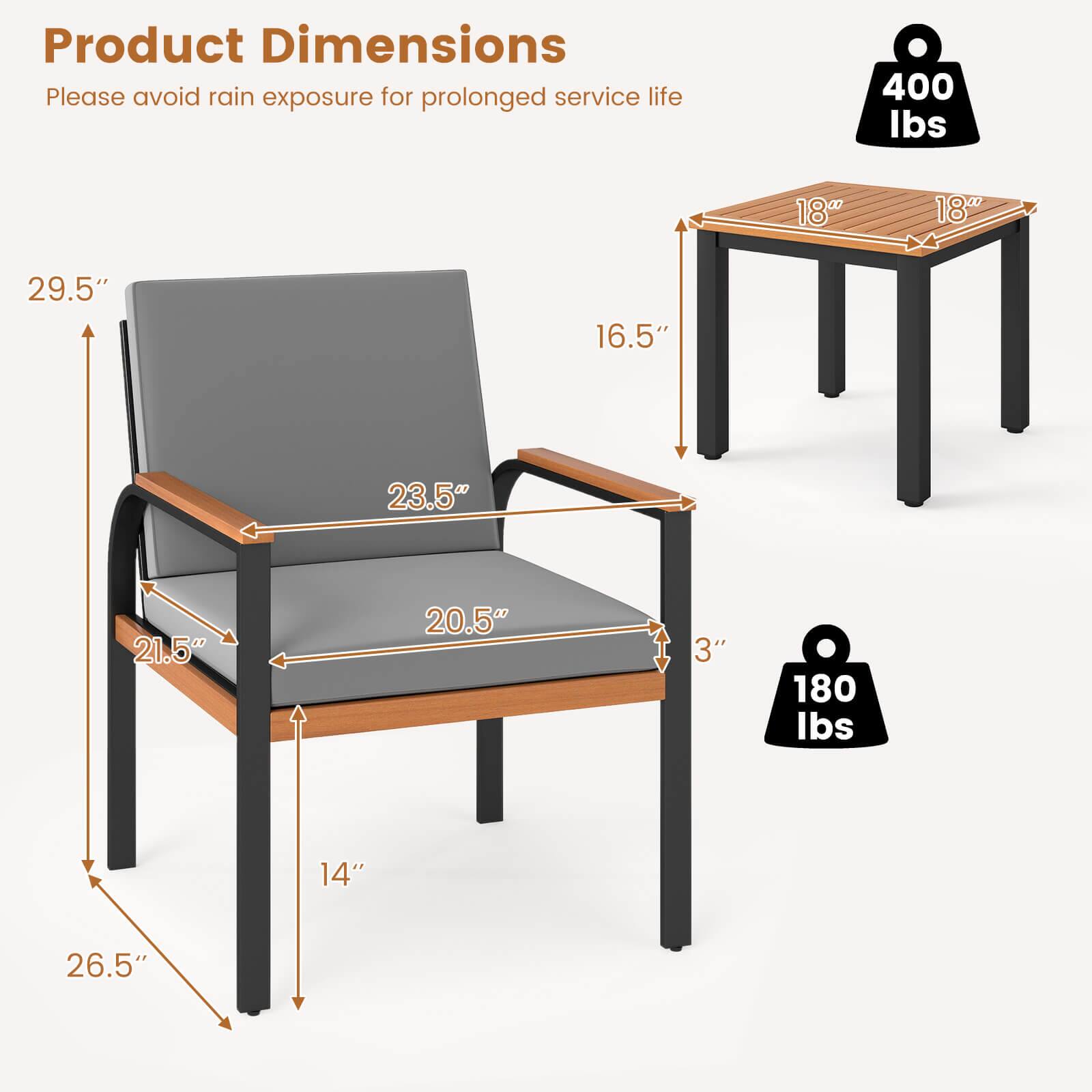 Product Dimensions  
Please avoid rain exposure for prolonged service life  

- 400 lbs  
- 18" x 18"  
- 16.5"  
- 29.5"  
- 23.5"  
- 21.5"  
- 20.5"  
- 3"  
- 180 lbs  
- 14"  
- 26.5"