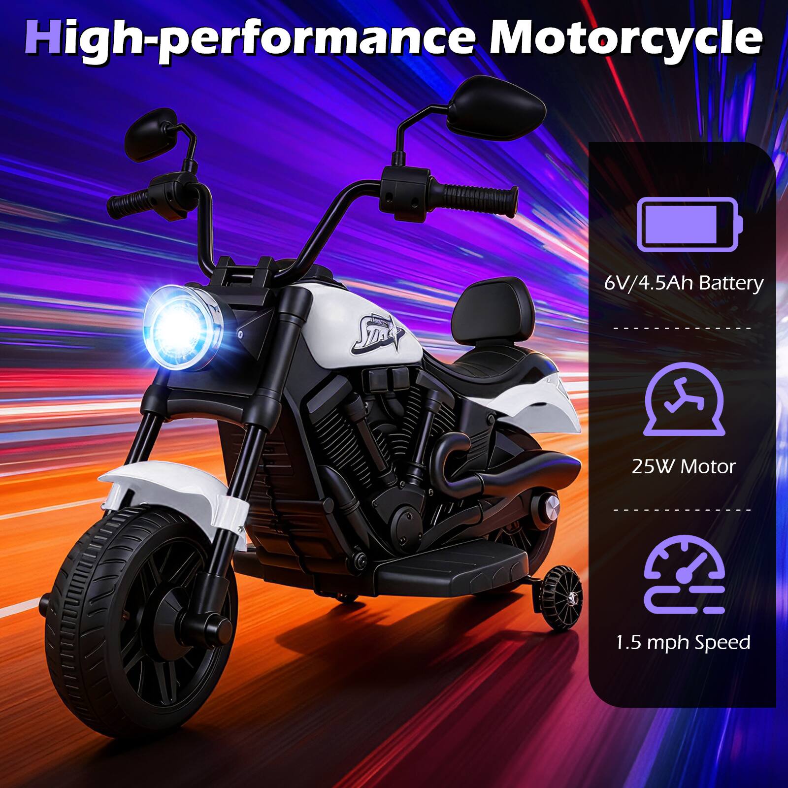 High-performance Motorcycle

- 6V/4.5Ah Battery
- 25W Motor
- 1.5 mph Speed