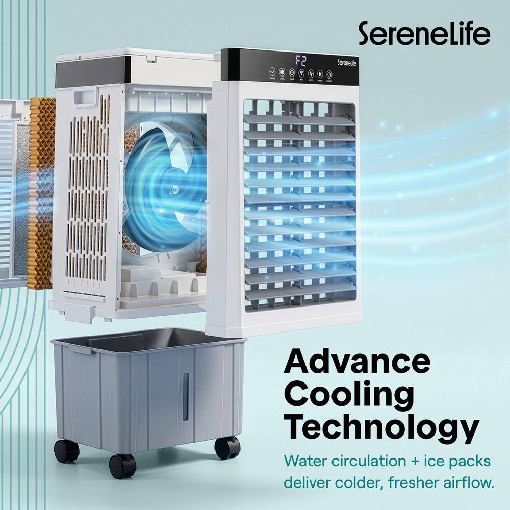 F2 1 Serenelife SereneLife Advance Cooling Technology Water circulation + ice packs deliver colder, fresher airflow.