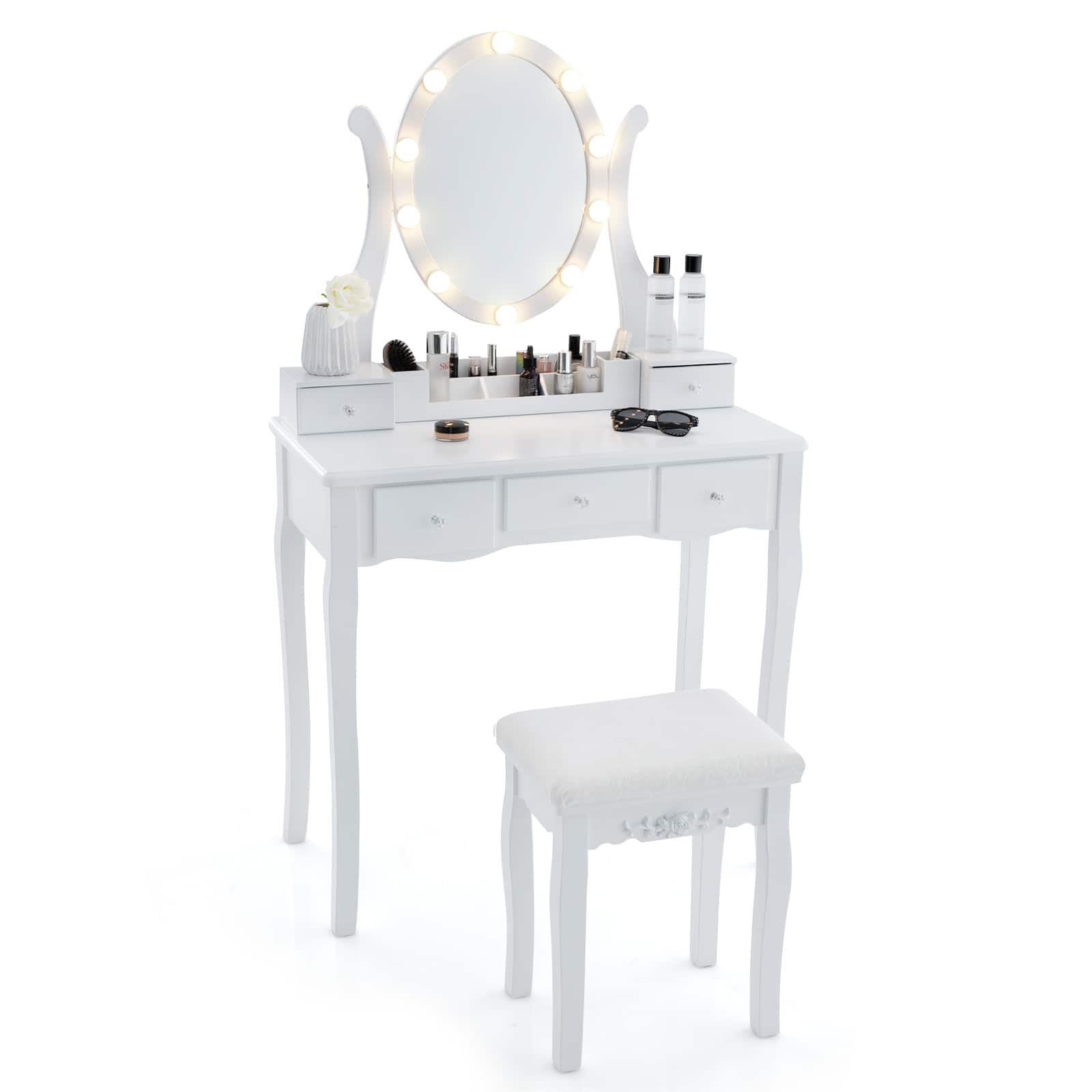 Costway - Vanity Set Makeup Table Padded Stool LED Lighted Mirror 5 Drawers Storage Grid - White
