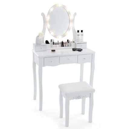 Front. Costway - Costway Vanity Set Makeup Table Padded Stool LED Lighted Mirror 5 Drawers Storage Grid - White.