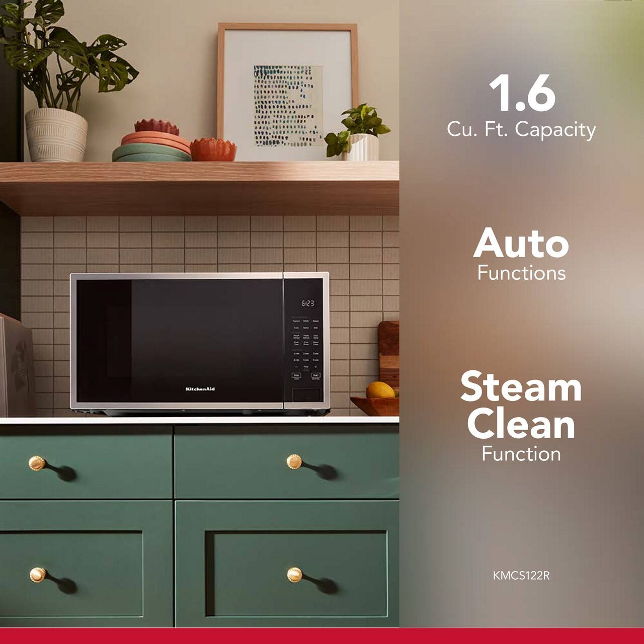 The text on the image reads:

1.6 Cu. Ft. Capacity Auto Functions Steam Clean Function KMCS122R