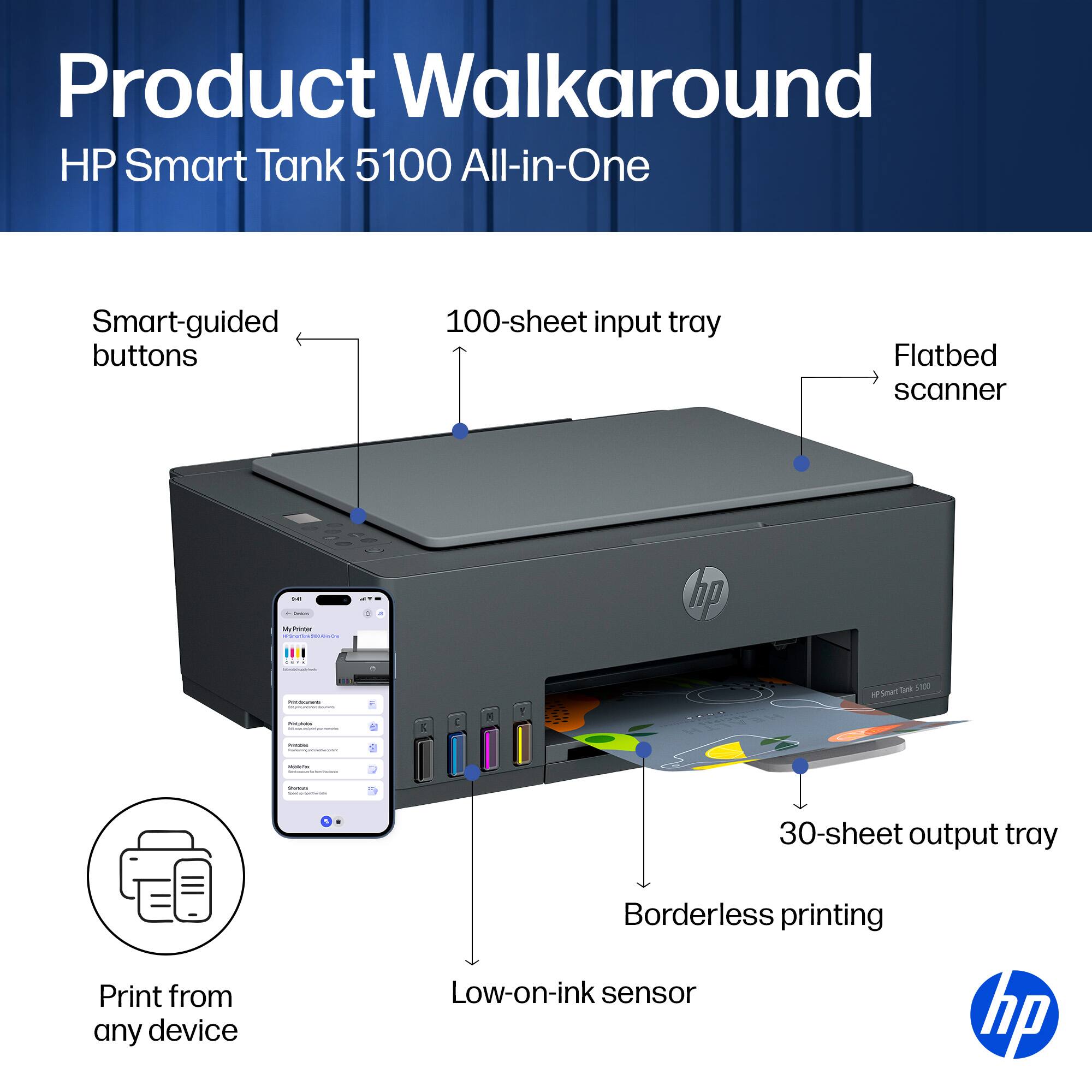Product Walkaround HP Smart Tank 5100 All-in-One

- Smart-guided buttons
- 100-sheet input tray
- Flatbed scanner
- 30-sheet output tray
- Print from any device
- Borderless printing
- Low-on-ink sensor