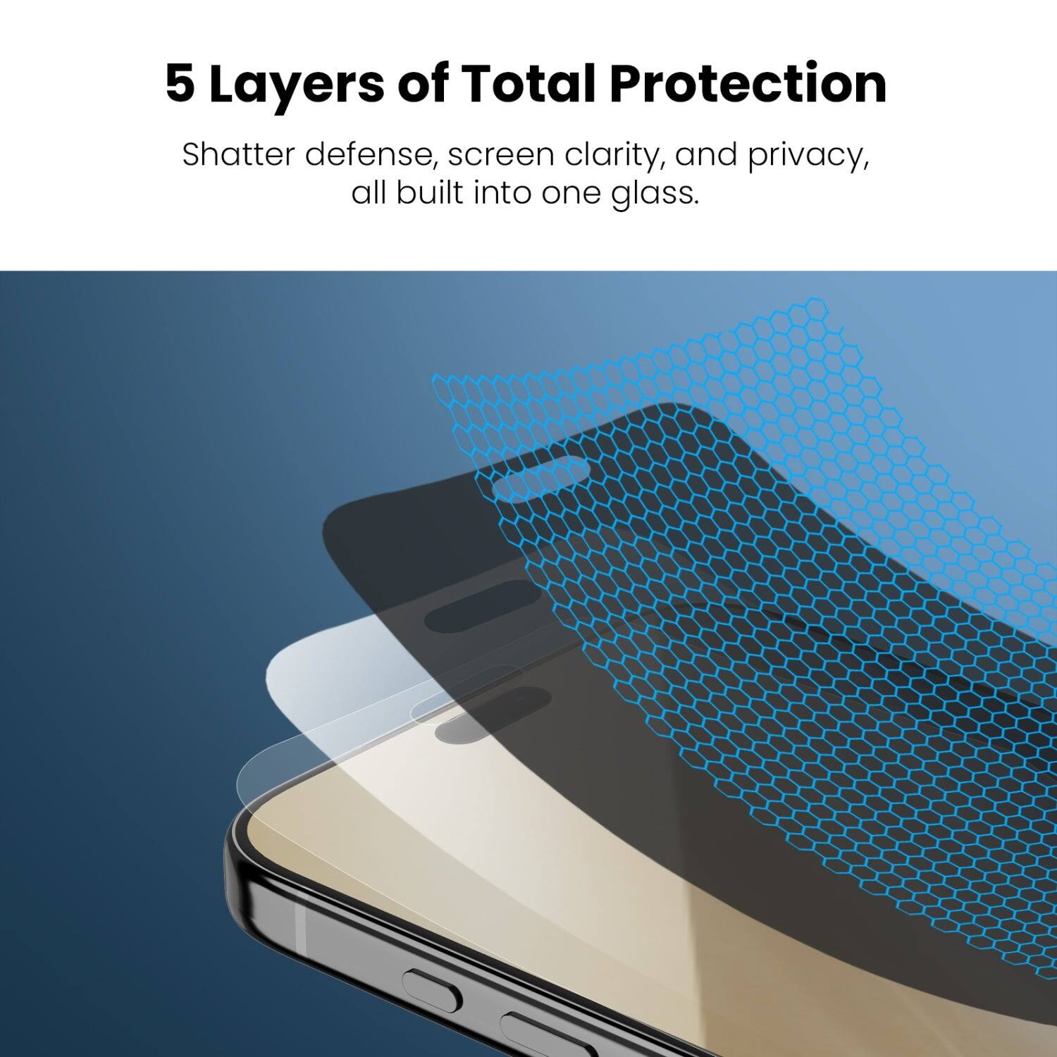 5 Layers of Total Protection  
Shatter defense, screen clarity, and privacy, all built into one glass.