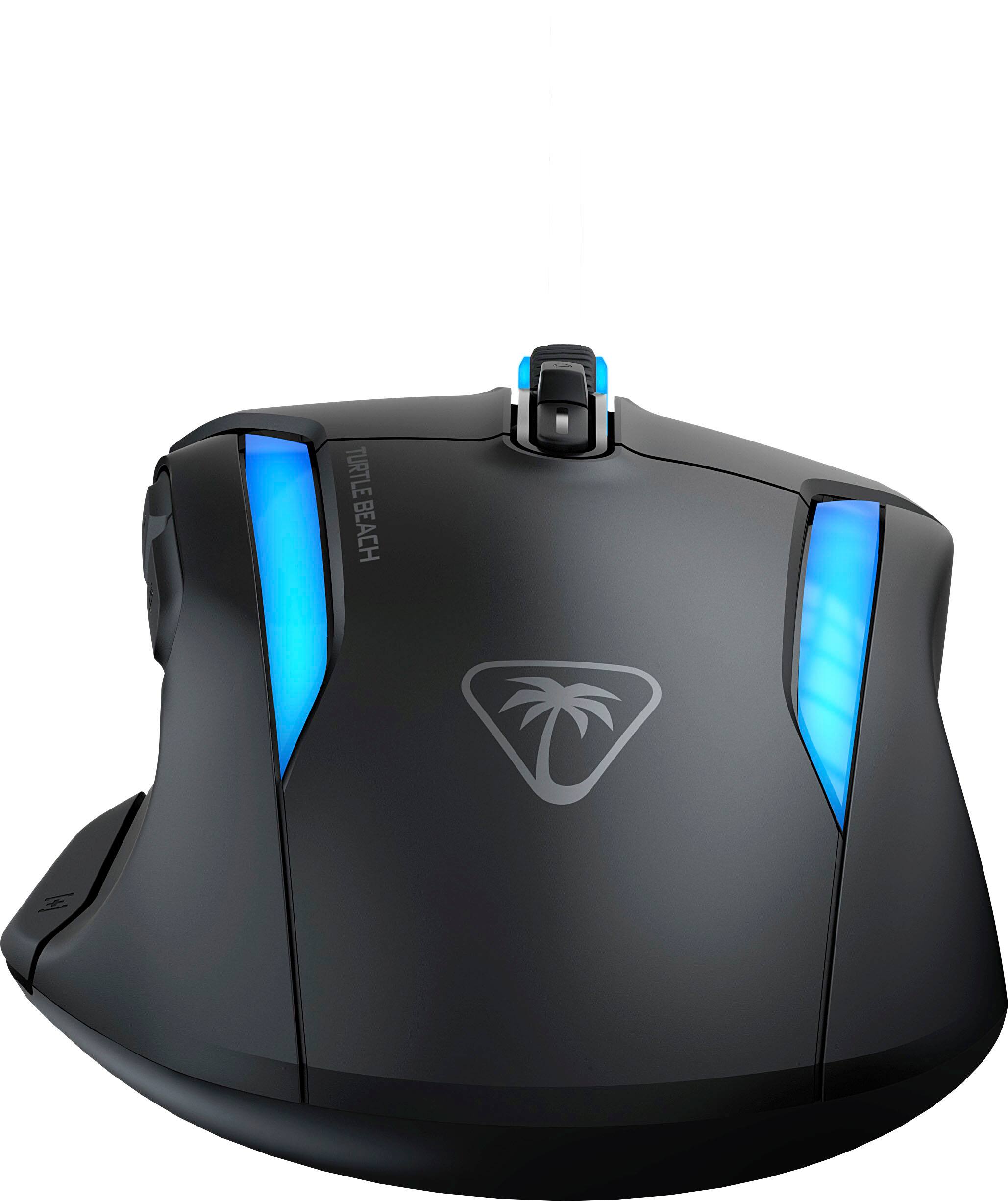 Turtle Beach is a company that produces gaming accessories, including computer mice and headsets. The image shows a Turtle Beach computer mouse with a blue light on the bottom.