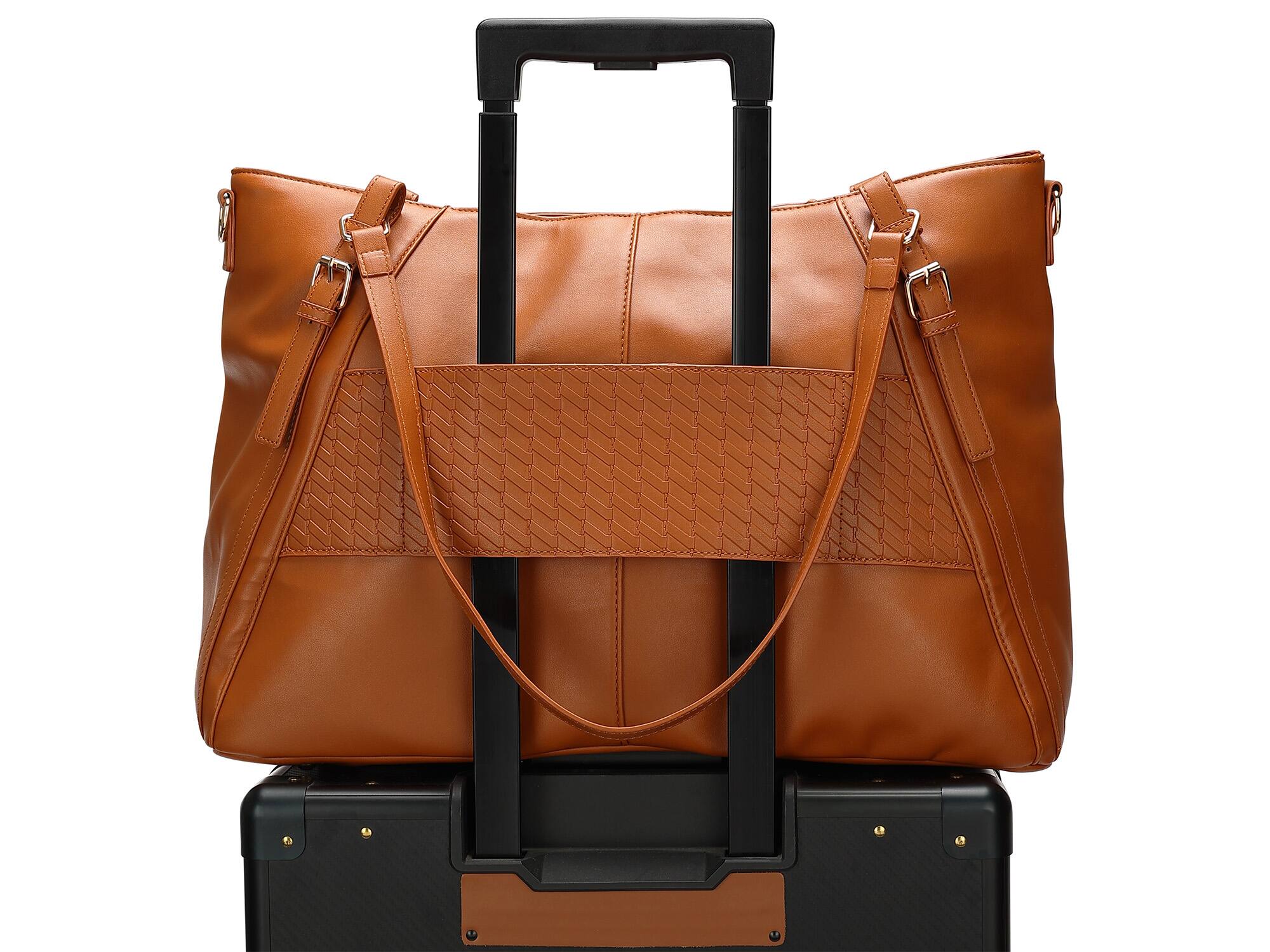 Angle. Elle - ELLE Leisure Luxe 33L Vegan Leather Weekender Duffel Bag | Brown - Brown.