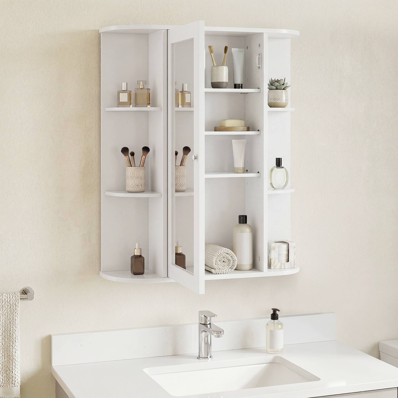 Alt View 3. Costway - Costway Bathroom Cabinet Single Door Shelves Wall Mount Cabinet with Mirror - White.