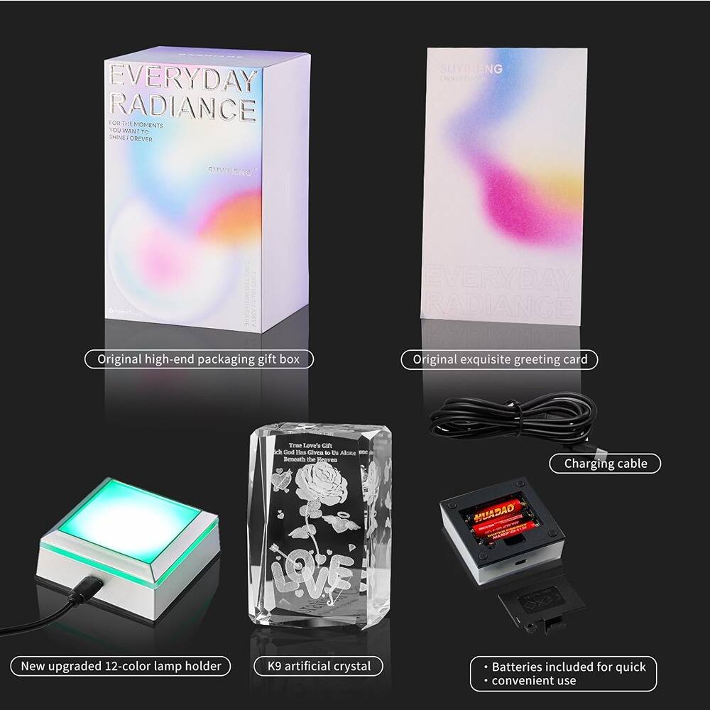 **EVERYDAY RADIANCE**

**FOR THE MOMENTS YOU WANT TO SHINE FOREVER**

---

**Original high-end packaging gift box**

**Original exquisite greeting card**

**New upgraded 12-color lamp holder**

**K9 artificial crystal**

**Charging cable**

**Batteries included for quick convenient use**

---

**Ta Laoe's cn**

**God Hies Cives to De Alone - Reoea the Hagwea**

**LVE MUADAO**