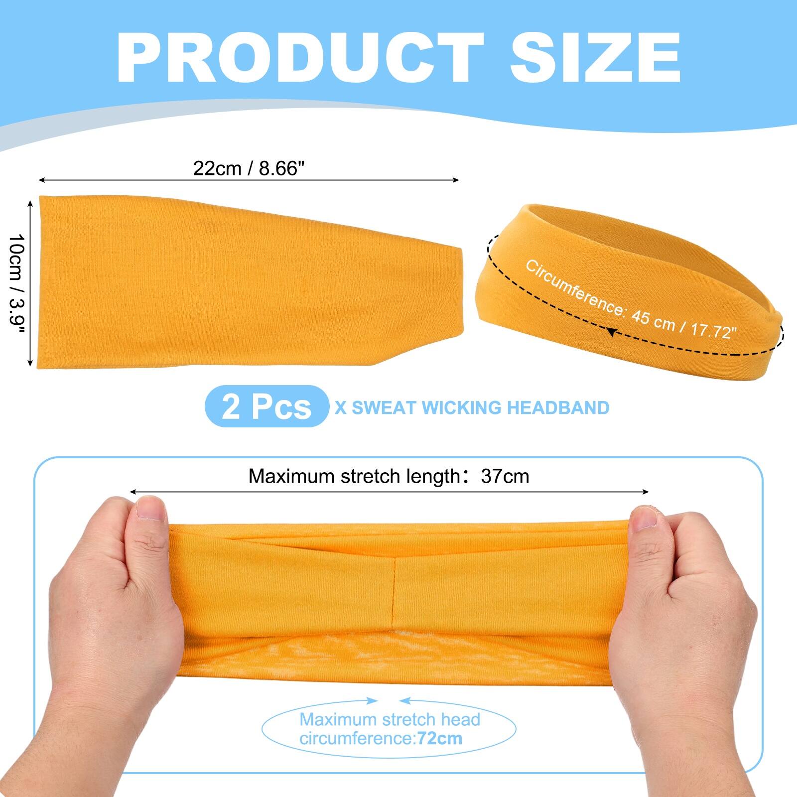 PRODUCT SIZE

22cm / 8.66"  
10cm / 3.9"  
Circumference: 45 cm / 17.72"  

2 Pcs X SWEAT WICKING HEADBAND  

Maximum stretch length: 37cm  
Maximum stretch head circumference: 72cm