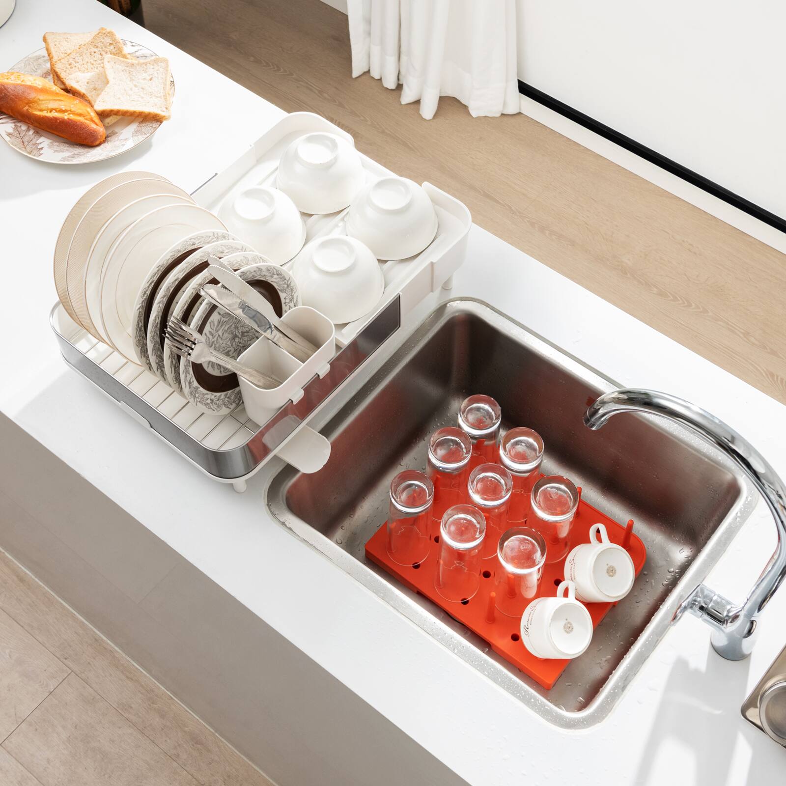 Angle. SlickBlue - Adjustable Expandable Dish Rack with Dual-Part Drainer and Detachable Utensil Cup - White.
