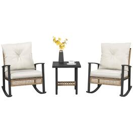 Resenkos - 3-Piece Patio Furniture Set,Button Tufted Cushions, Rattan Rocking Chairs, Coffee Table - White