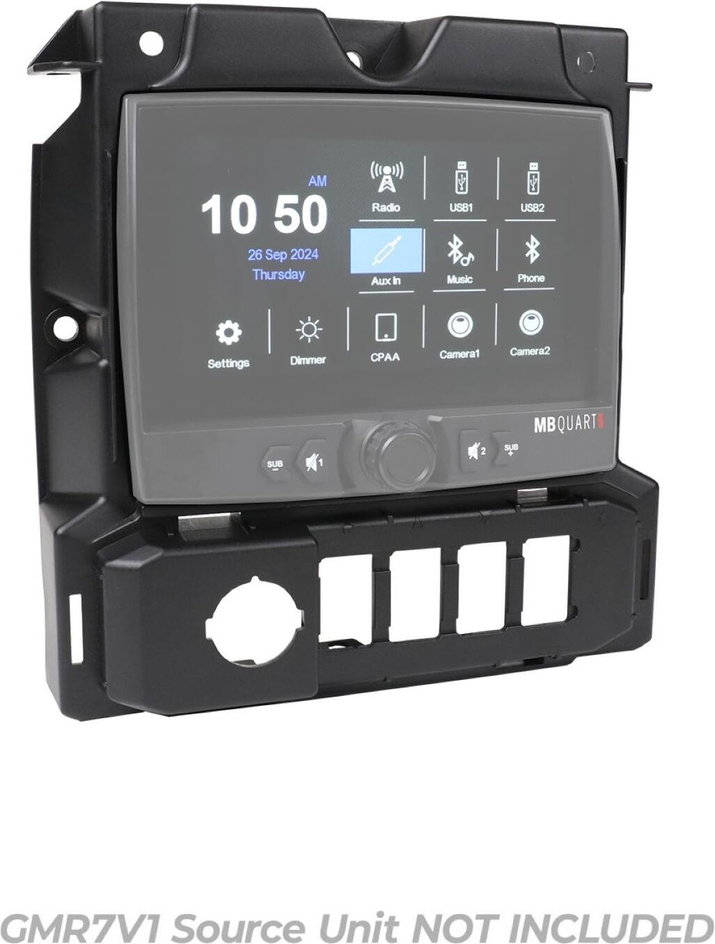 The text on the image reads: "AM 10 50 26 Sep 2024 Thursday Radio Aux in USB1 Music USB2 Phone Settings Dimmer CPAA Camera1 Camera2 SUB 1 2 SUB MB QUART GMR7V1 Source Unit NOT INCLUDED."