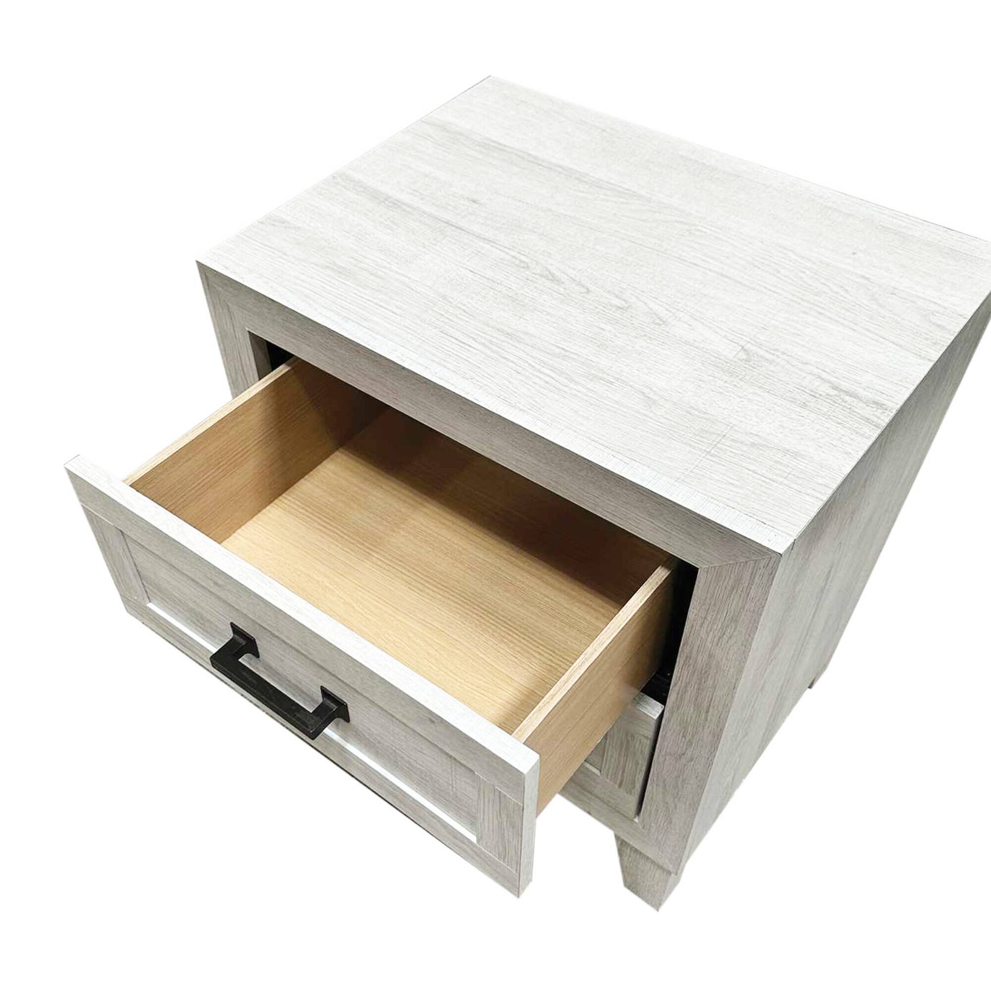 Back. Vaczon - Wood Bedside Table with Drawers – Easy-Pull Drawers and Durable Build for Modern Bedroom Storage - White Wash.