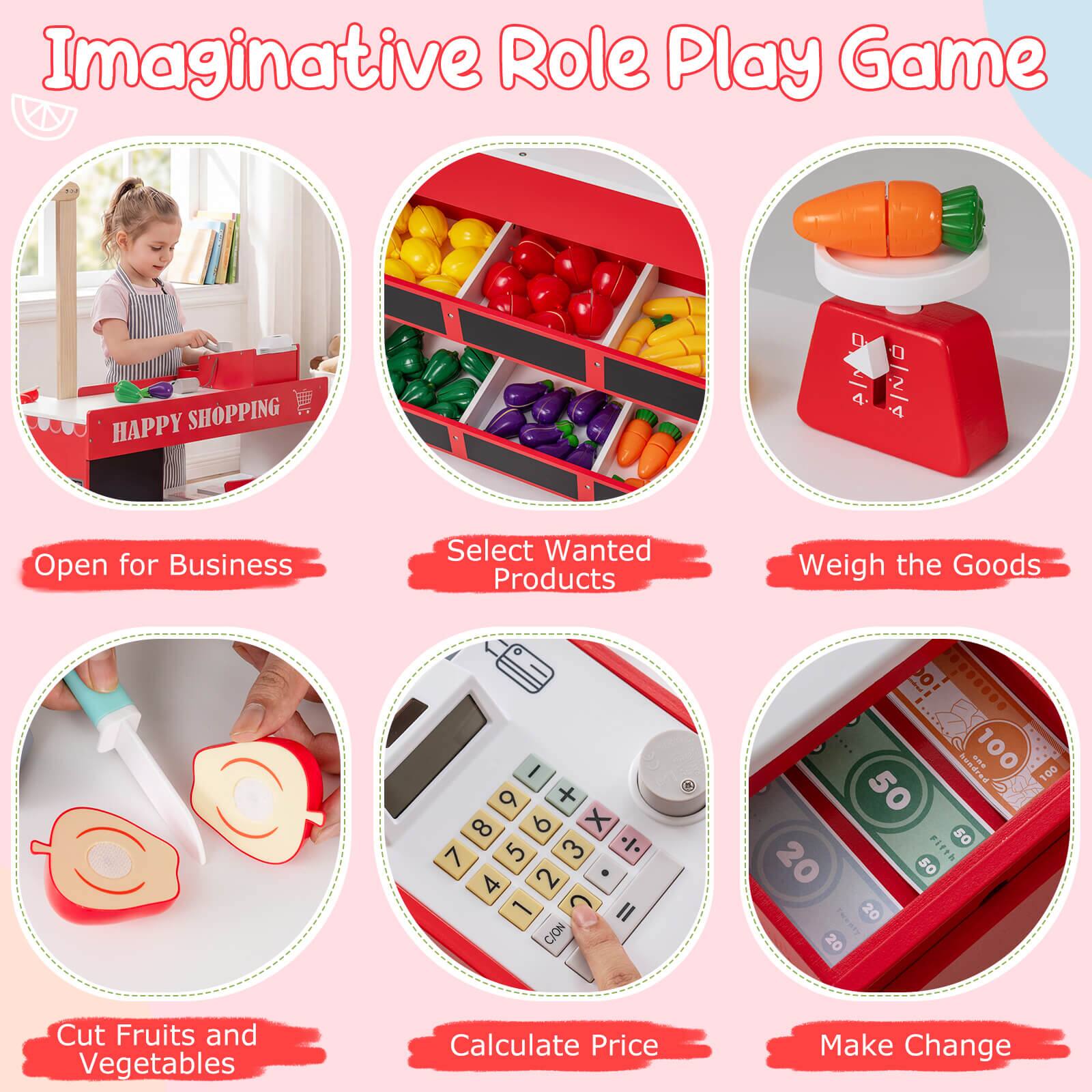 Imaginative Role Play Game

- Open for Business
- Select Wanted Products
- Weigh the Goods
- Cut Fruits and Vegetables
- Calculate Price
- Make Change