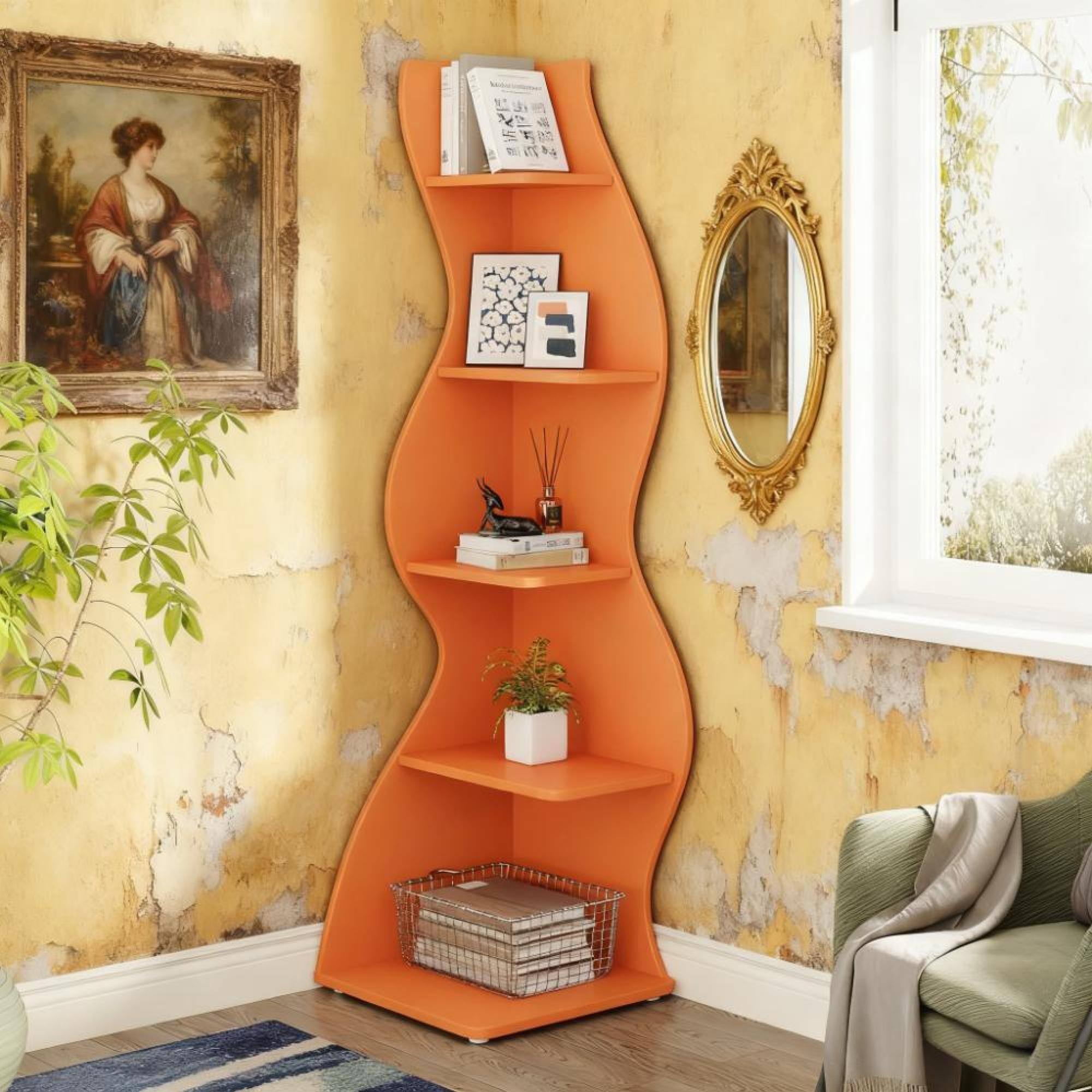 Back. GOODSILO - Modern 5-Tier Corner Bookshelf Storage Rack for Home and Office Organization - Orange.
