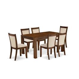 East West Furniture - 7-Pcs Dining Set - A Wood Dining Table and 6 Light Beige Linen Fabric Mid Century Chairs with - Multi-Color