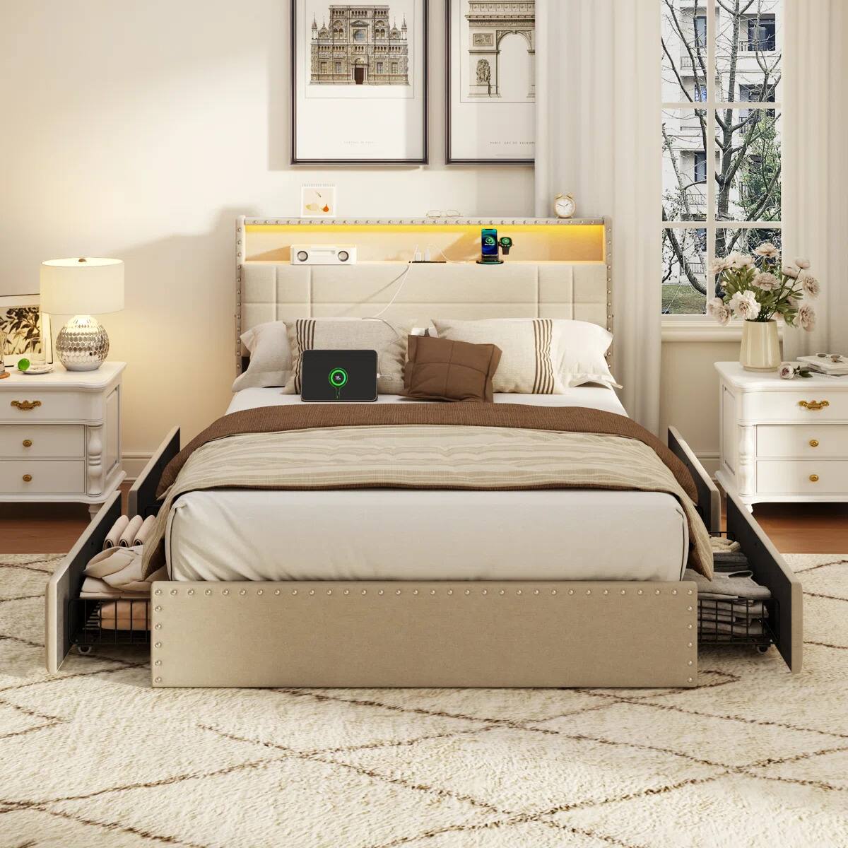 Alt View 10. Furnulem - Moden Bed Frame with Charging Station LED Lights Storage Drawers Upholstered Headboard No Box Spring Needed - Beige.