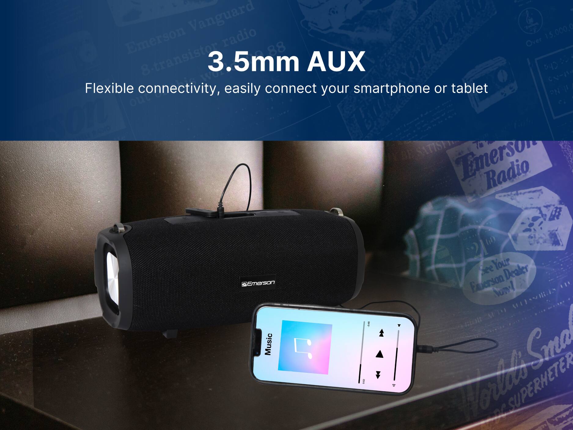 Emerson Radio, 3.5mm AUX, Flexible connectivity, easily connect your smartphone or tablet, Emerson Vanguard, 8-transistor, Over 15,000,000, See Your Dealer, Emerson Radio, Emerson Music, World's Smallest Superheterodyne Radio, Ratto 15,000,000, CN :O, PN out . son RANO, Smna Horlls SUPERHETER