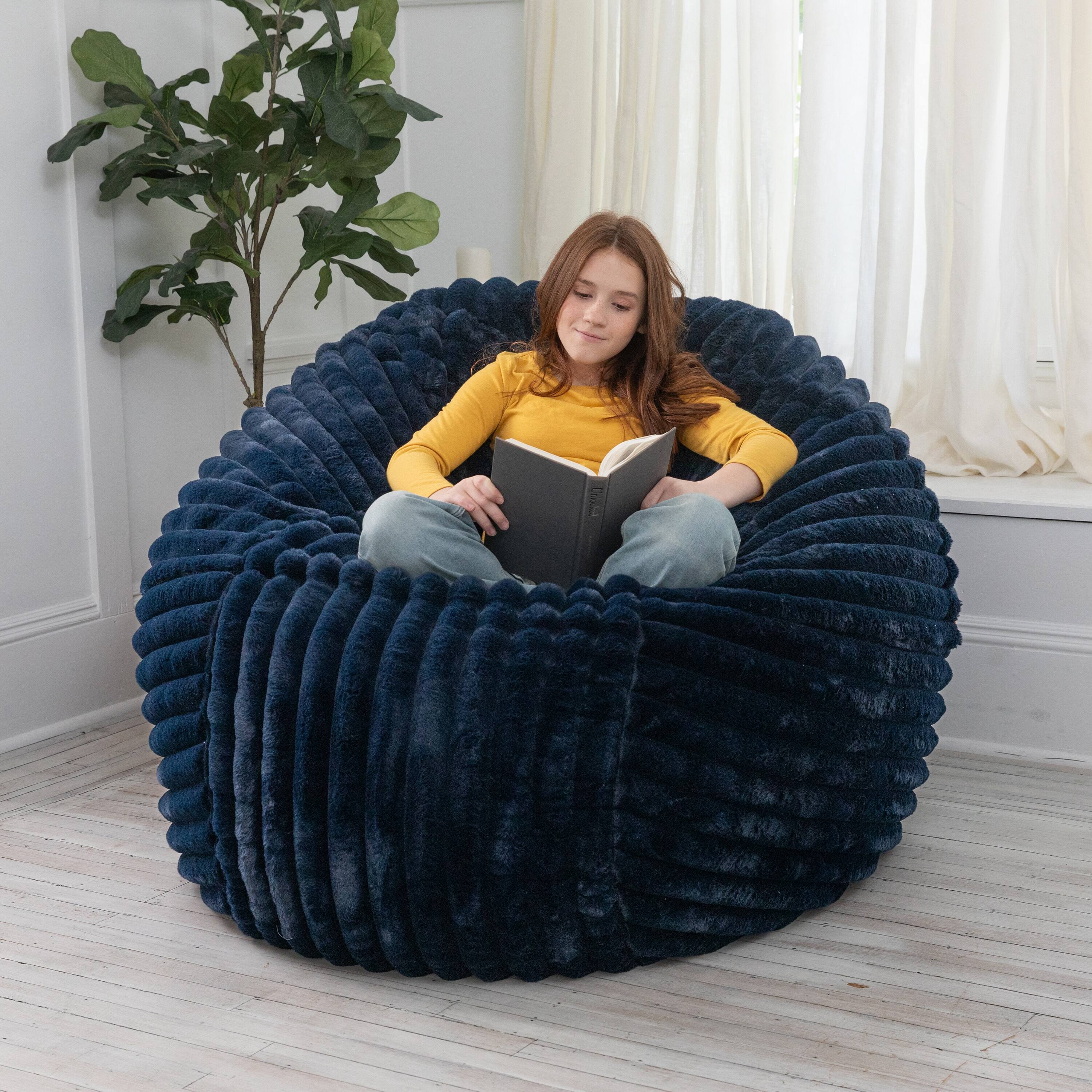 Back. Jaxx - Jaxx 5 Foot Saxx Bean Bag Chair for Adults - Luxe Faux Fur, Mondo Midnight Blue - Mondo Midnight Blue.