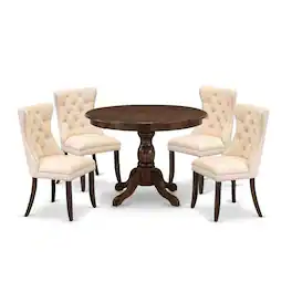 East West Furniture - 5 Piece Dinette Set Contains a Round Kitchen Dining Table - Antique Walnut