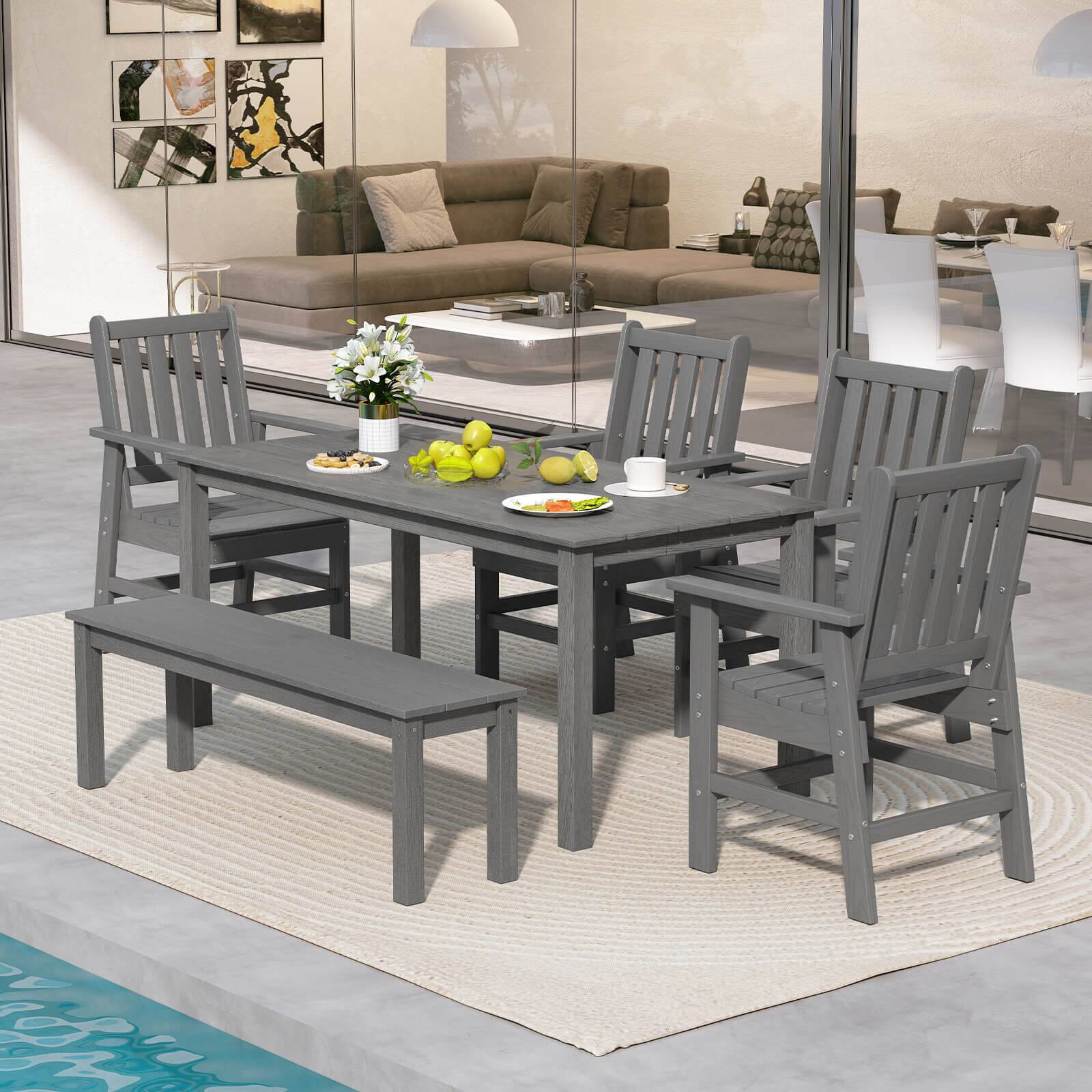 Gymax - 6 PCS Patio Dining Bench Set Outdoor HDPE Weather Resistant Table & Chairs Set - Gray
