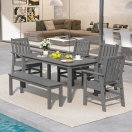 Gymax - 6 PCS Patio Dining Bench Set Outdoor HDPE Weather Resistant Table & Chairs Set - Gray