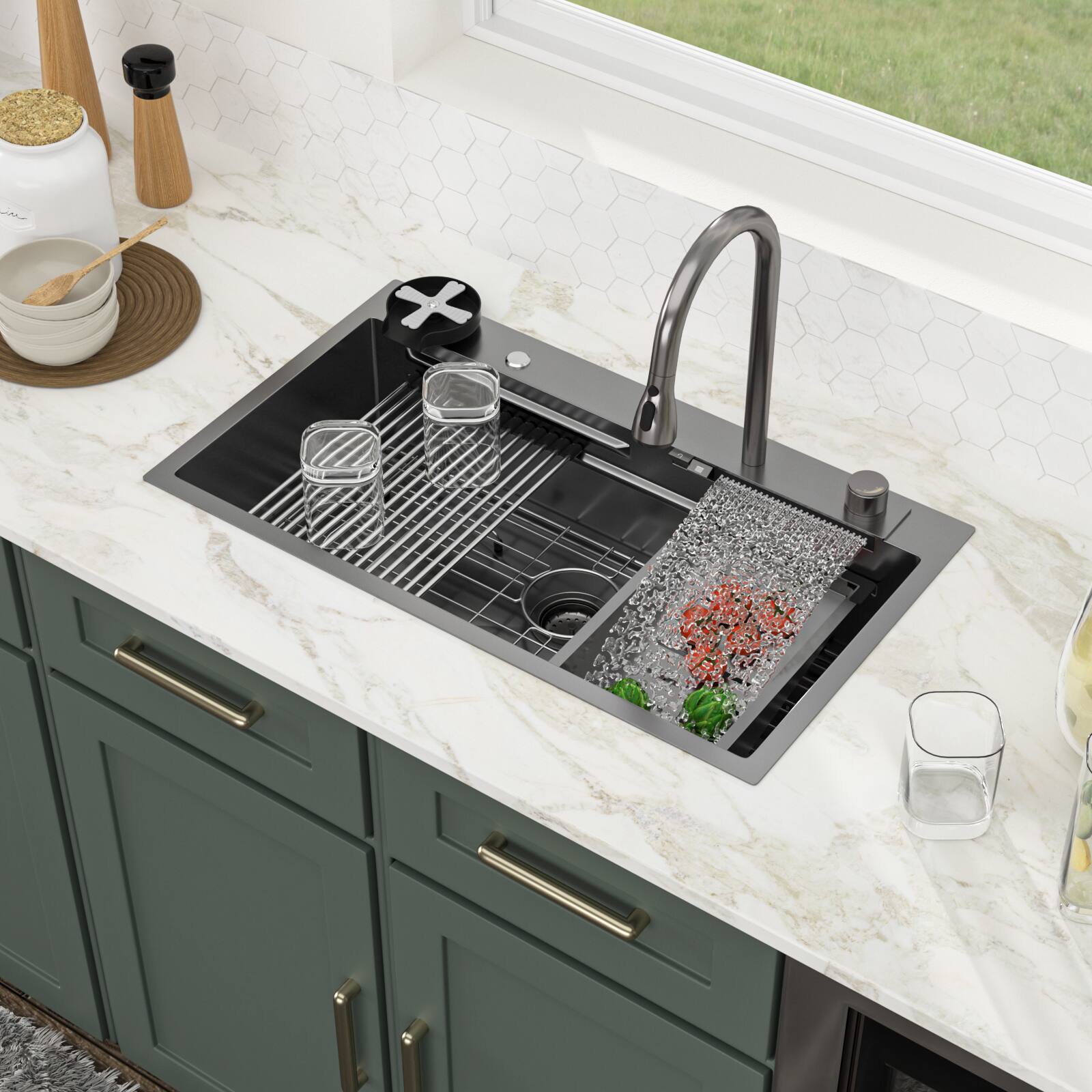 Back. Lordear - 33x19 in. Drop-In Single Bowl 16 Gauge Gunmetal Black Stainless Steel Workstation Kitchen Sink with Waterfall Faucet - Gunmetal Black.