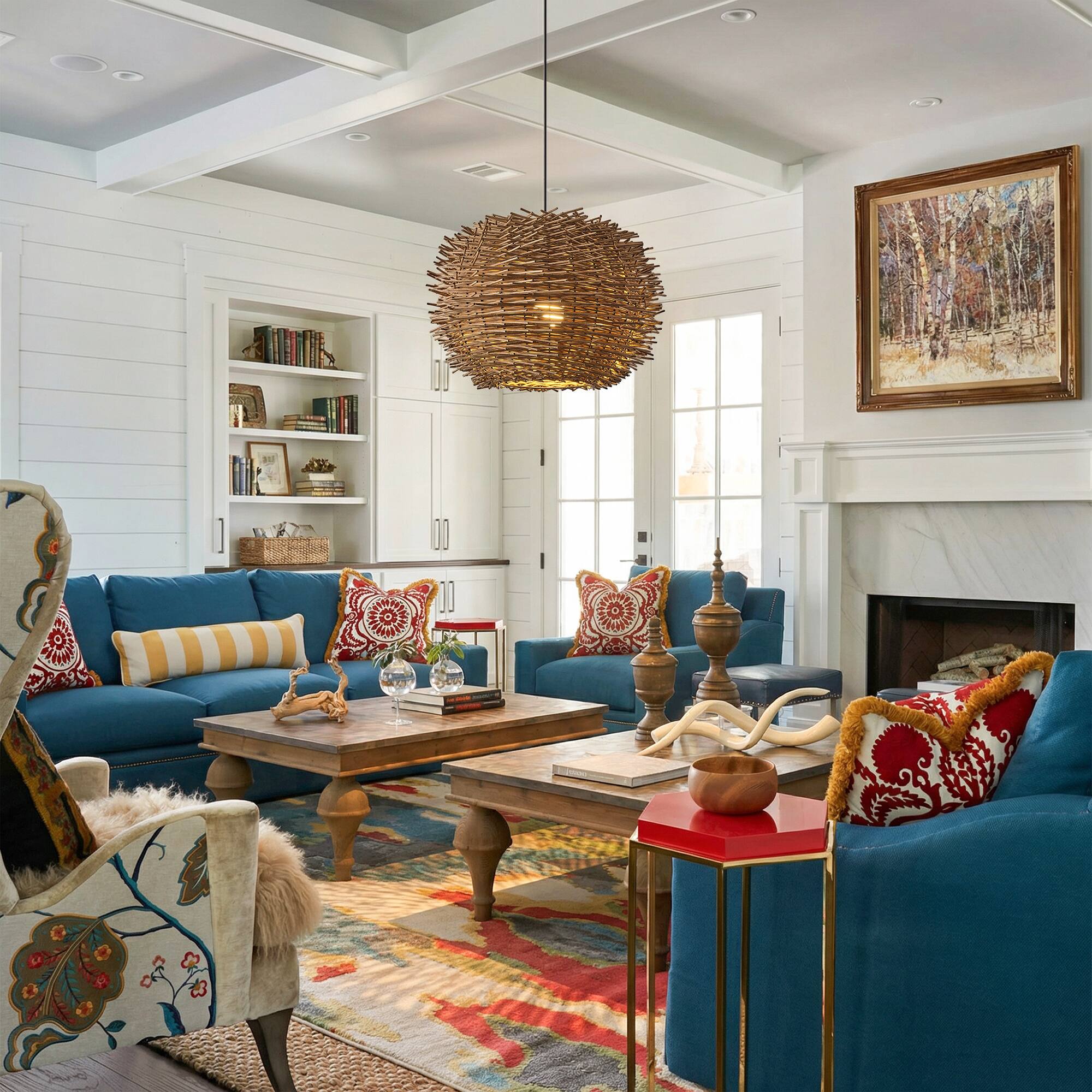 Left. Vaczon - Rattan Bird’s Nest Pendant /Flush Mount Light, Unique Irregular Shape, Wicker Shade, Boho Chic Ceiling Lighting - Natural Rattan.