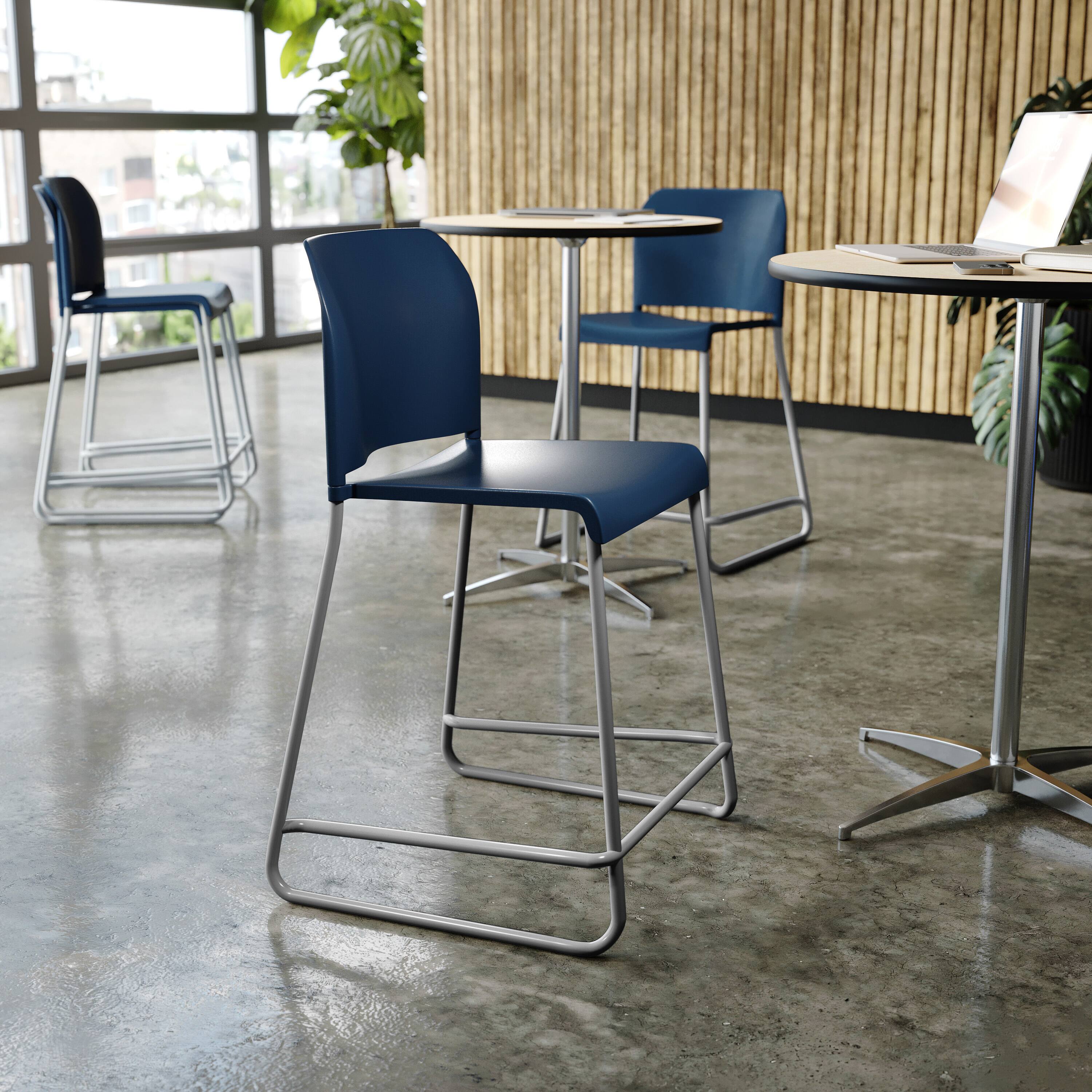 Alt View 4. Emma + Oliver - Calliope Stackable Office Reception Counter Stool with Contoured Backrest and Chrome Sled Base - Navy Plastic/Gray Frame.