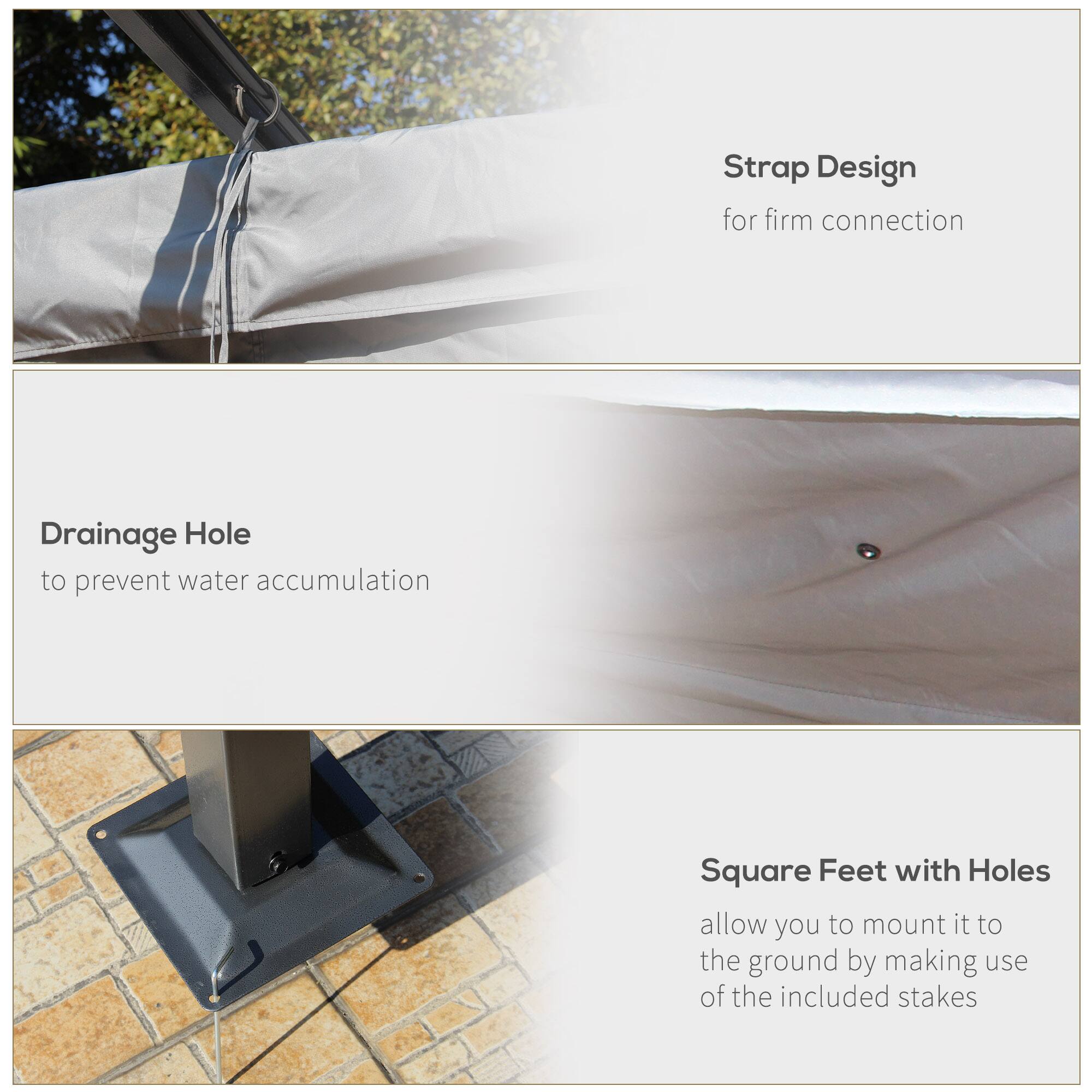 Strap Design for firm connection
Drainage Hole to prevent water accumulation
Square Feet with Holes allow you to mount it to the ground by making use of the included stakes