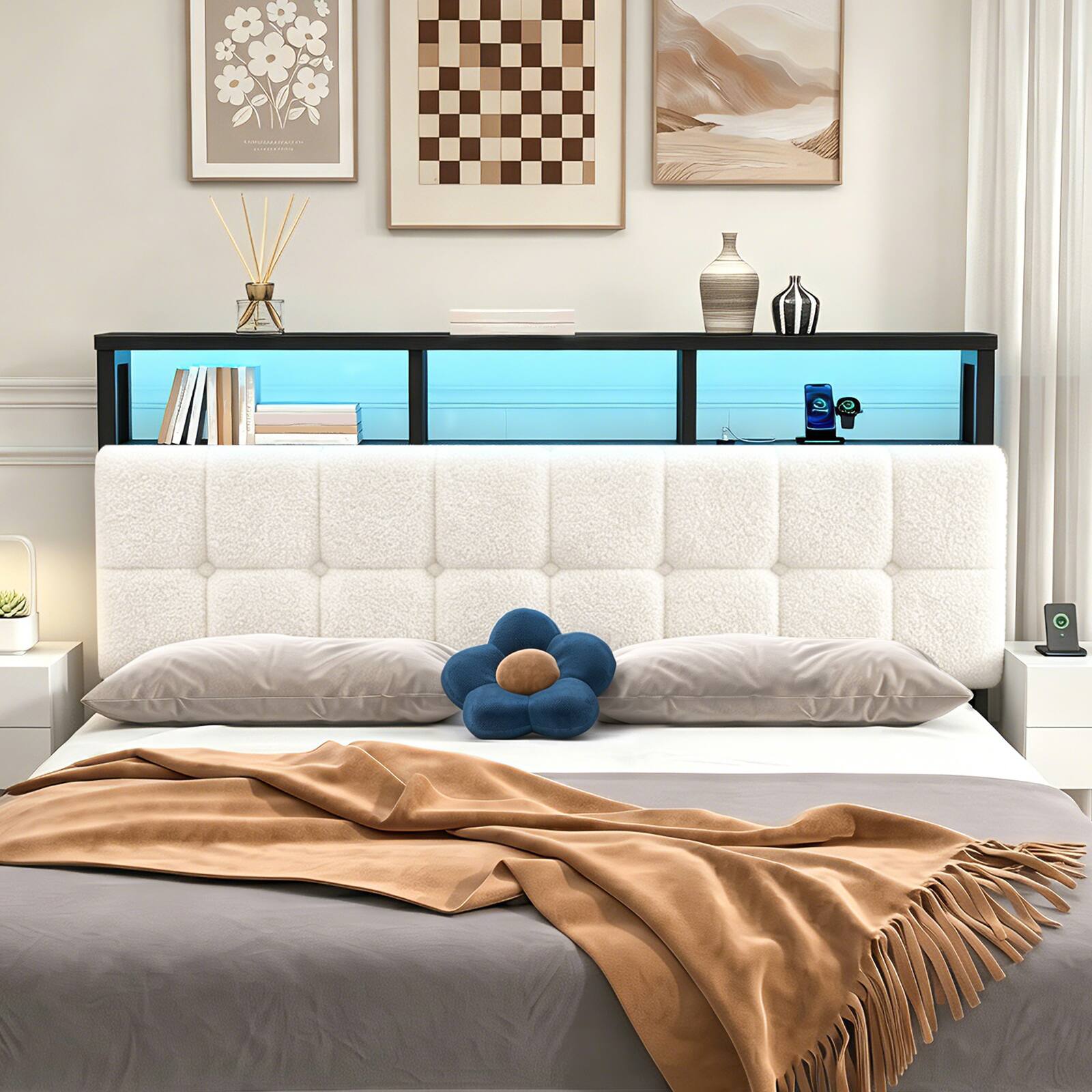 Angle. Pinmoco - Upholstered Headboard with Storage, Charging Station & LED Light, Headboard Only - Off-white.