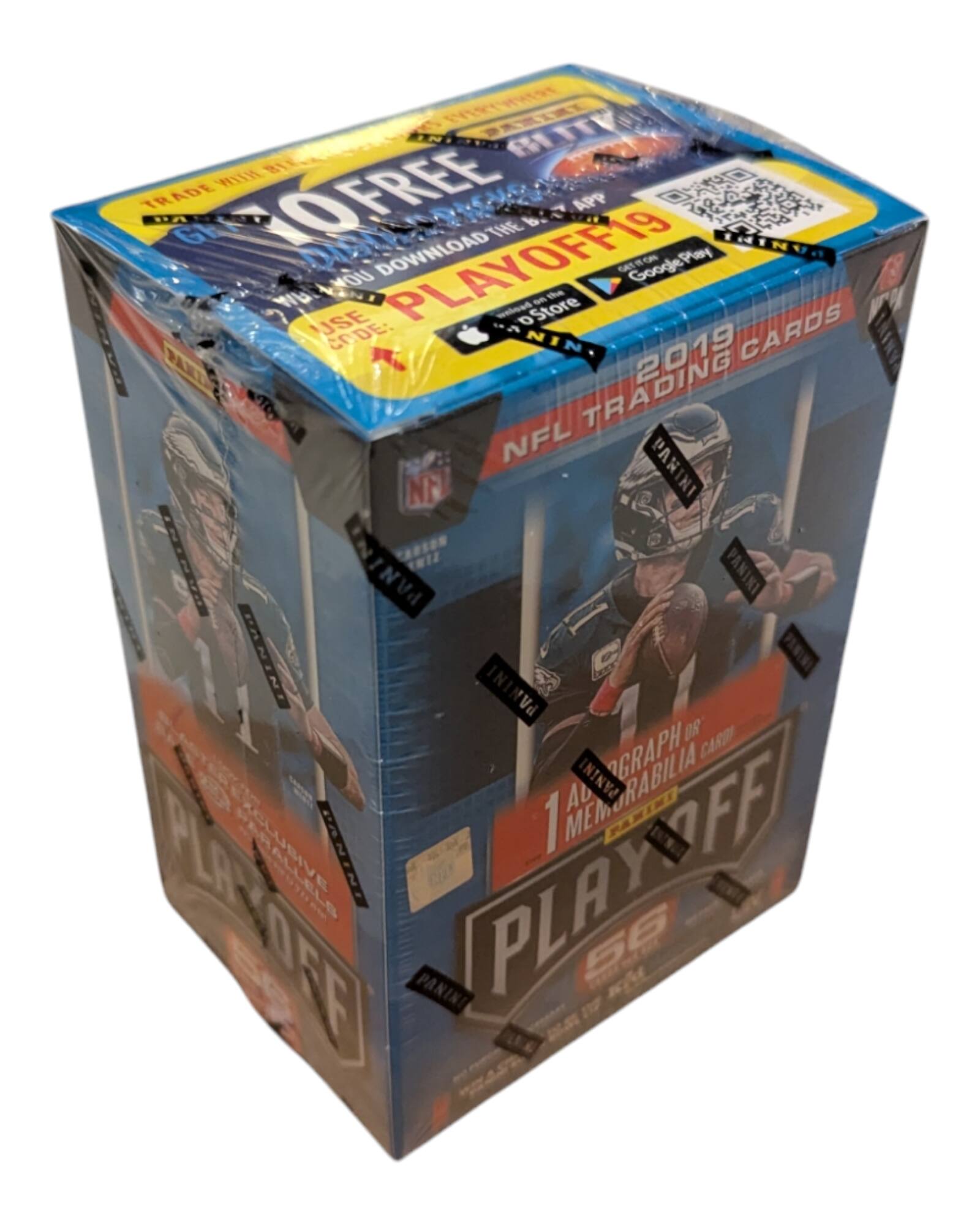 Sure, here is the corrected and grouped text from the image:

---

**Top Left:**
- TRADE WITH BILL
- FREE
- DOWNLOAD THE PLAYOFF19 APP
- USE CODE: NIN 2019

**Top Right:**
- 2019 NFL TRADING CARDS
- PANINI
- GRAPHIC MEMORABILIA CARD

**Middle:**
- PLAYOFF
- 56

**Bottom:**
- PANINI
- NFL
- GRAPHIC MEMORABILIA CARD

**Additional Text:**
- Google Play
- App Store

---

This text is organized based on its placement on the box.