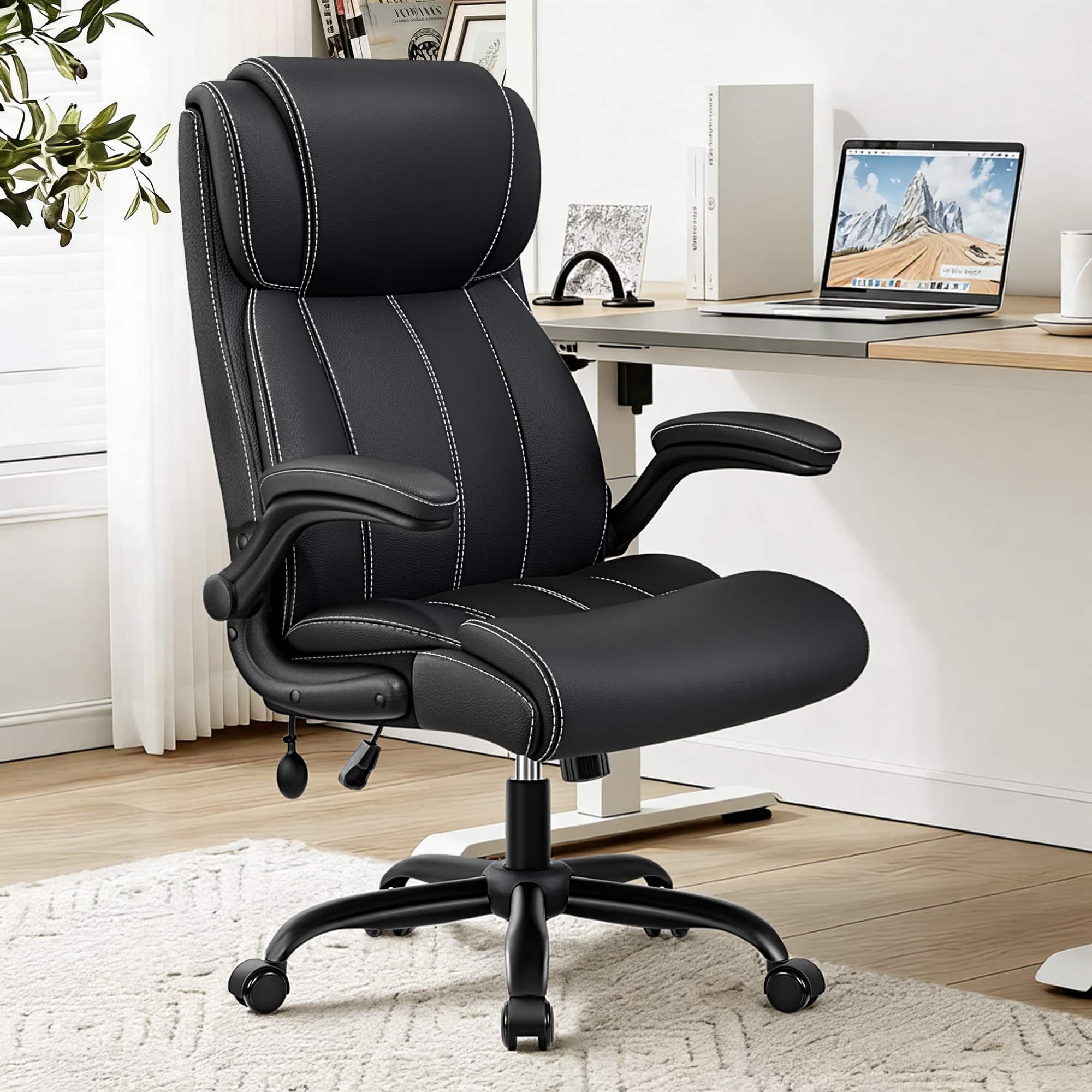KERDOM - Ergonomic Office Chair with Inflatable Lumbar Support - PU Leather Computer Desk Chair, Tilt High Back Executive Chair - Black